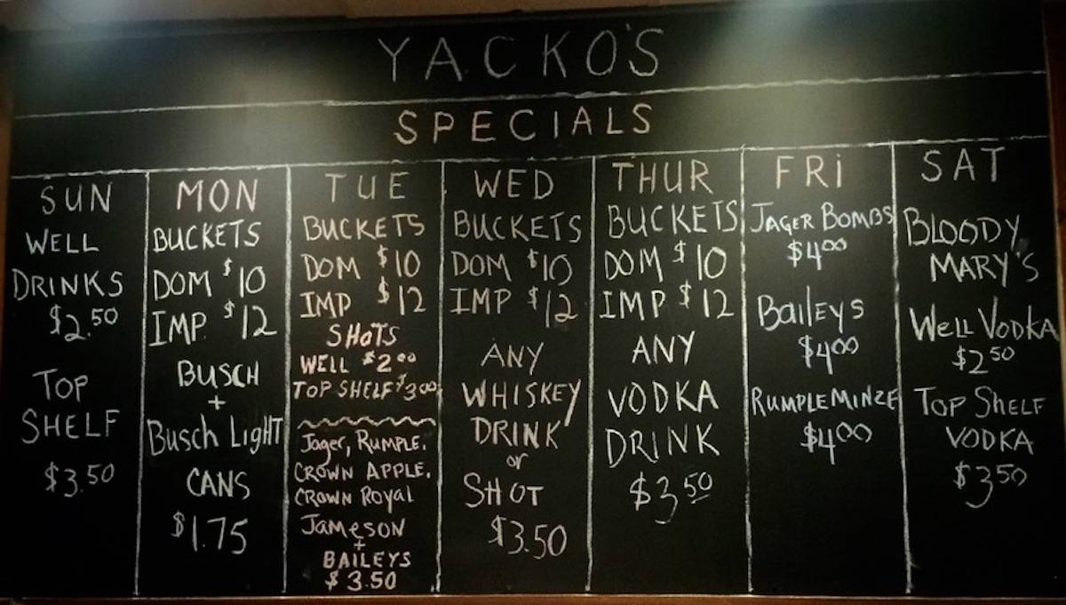 Yacko's Bar in Niles меню