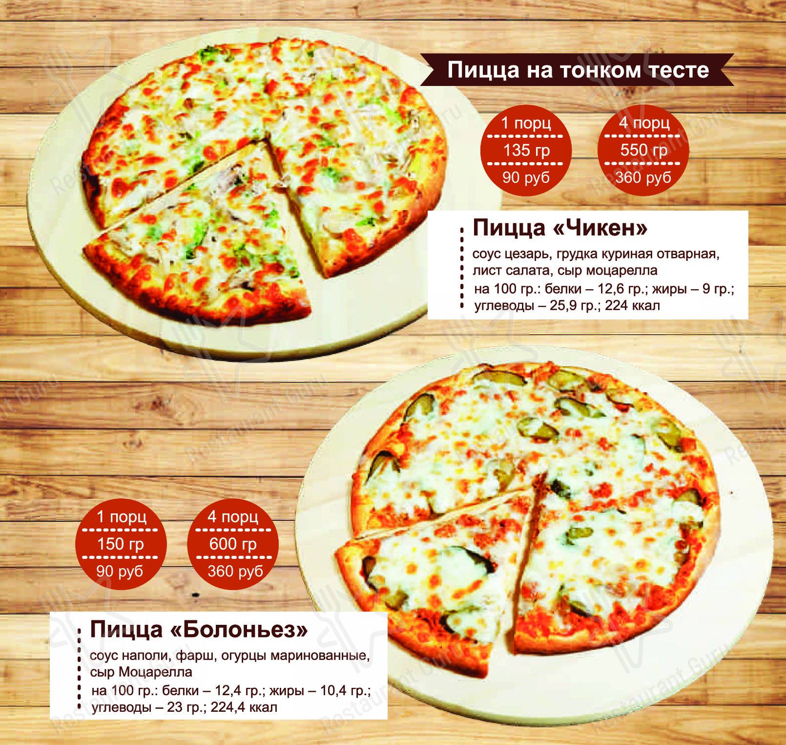 Меню кафе Пиццерия