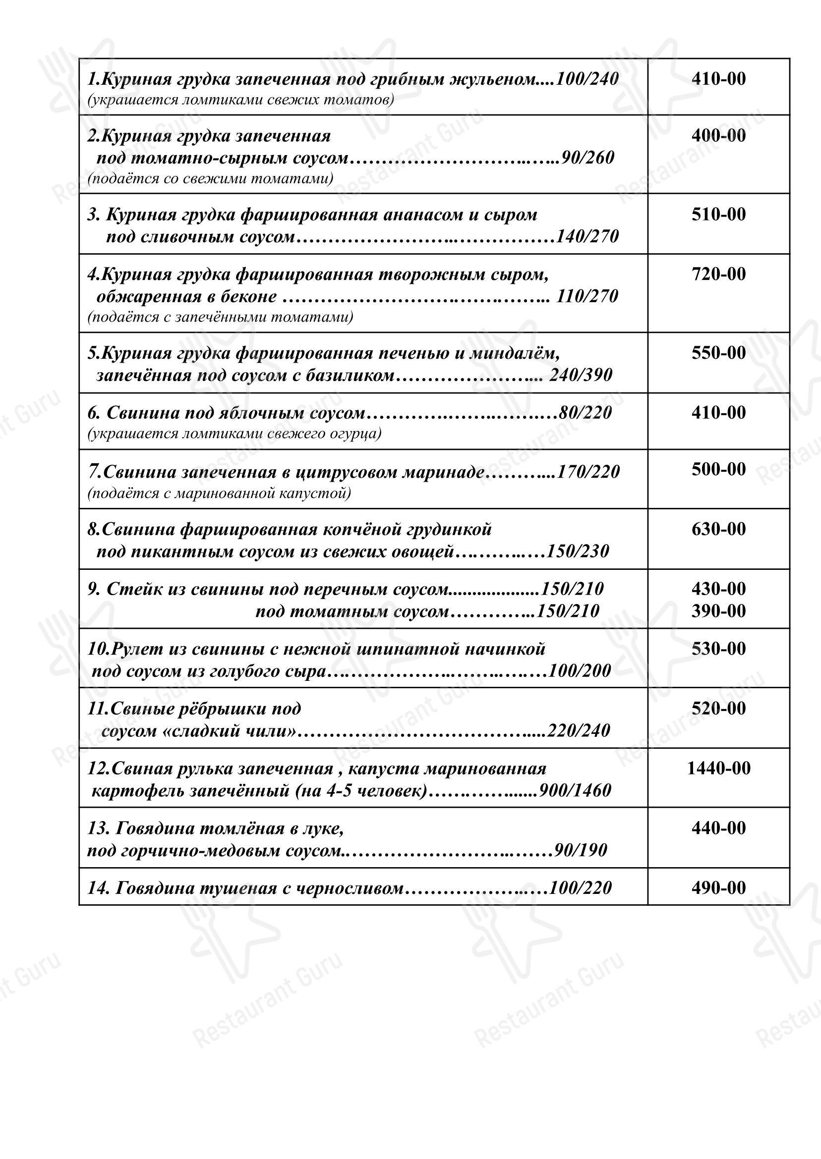 Прохлада в Пензе - Меню