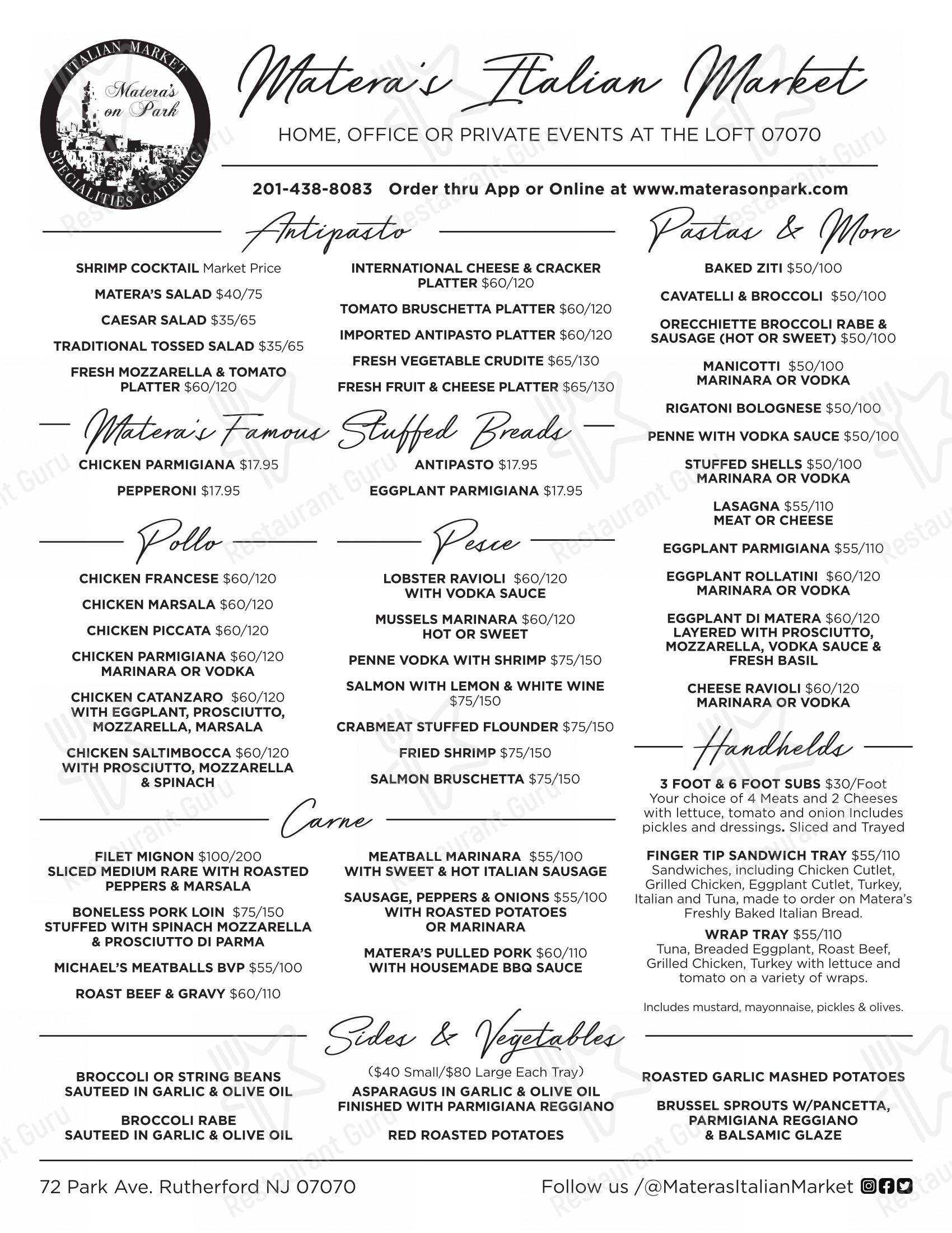 Меню ресторана Matera's Italian Market в Рутерфорде
