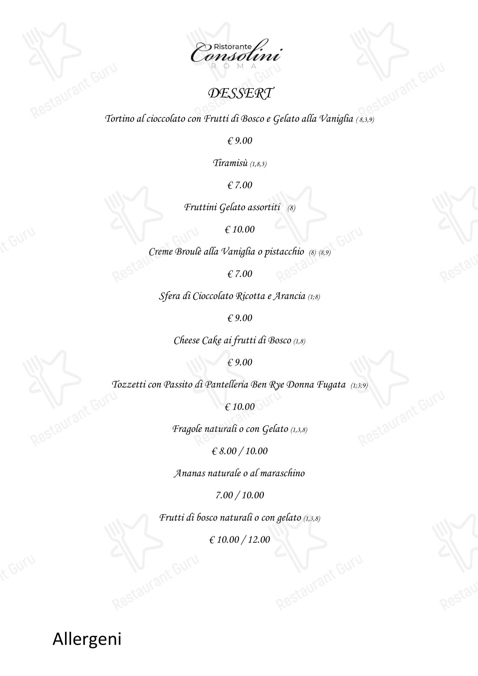 Меню ресторана Ristorante Consolini в Риме