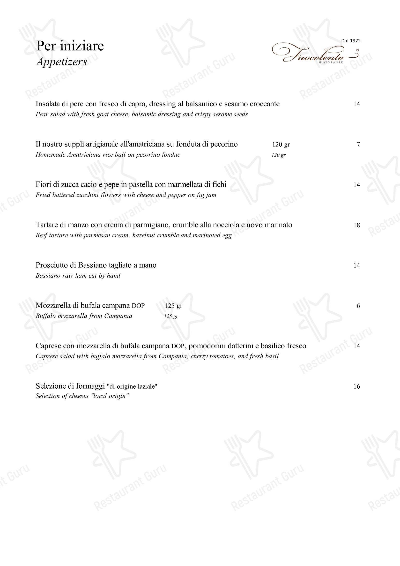 Меню ресторана Ristorante Fuocolento в Риме