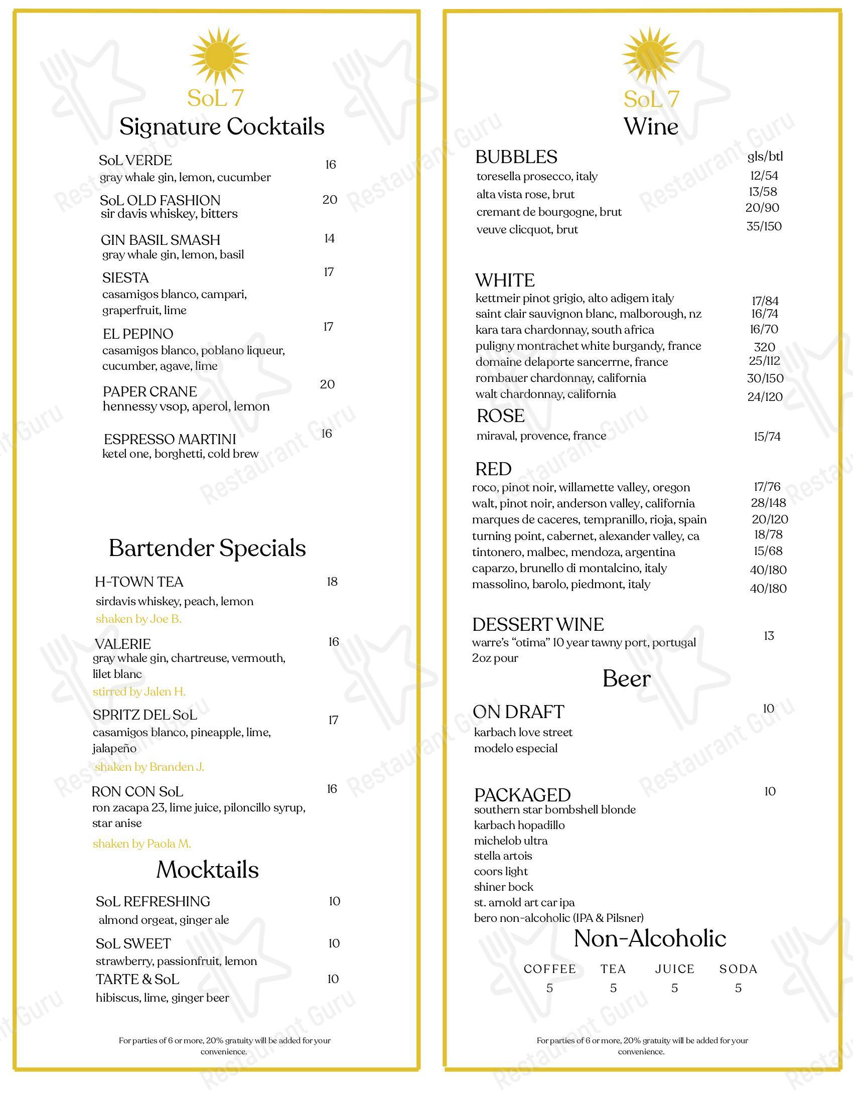 Takeaway Menu паба и бара Sol7 Restaurant & Bar в Хьюстоне