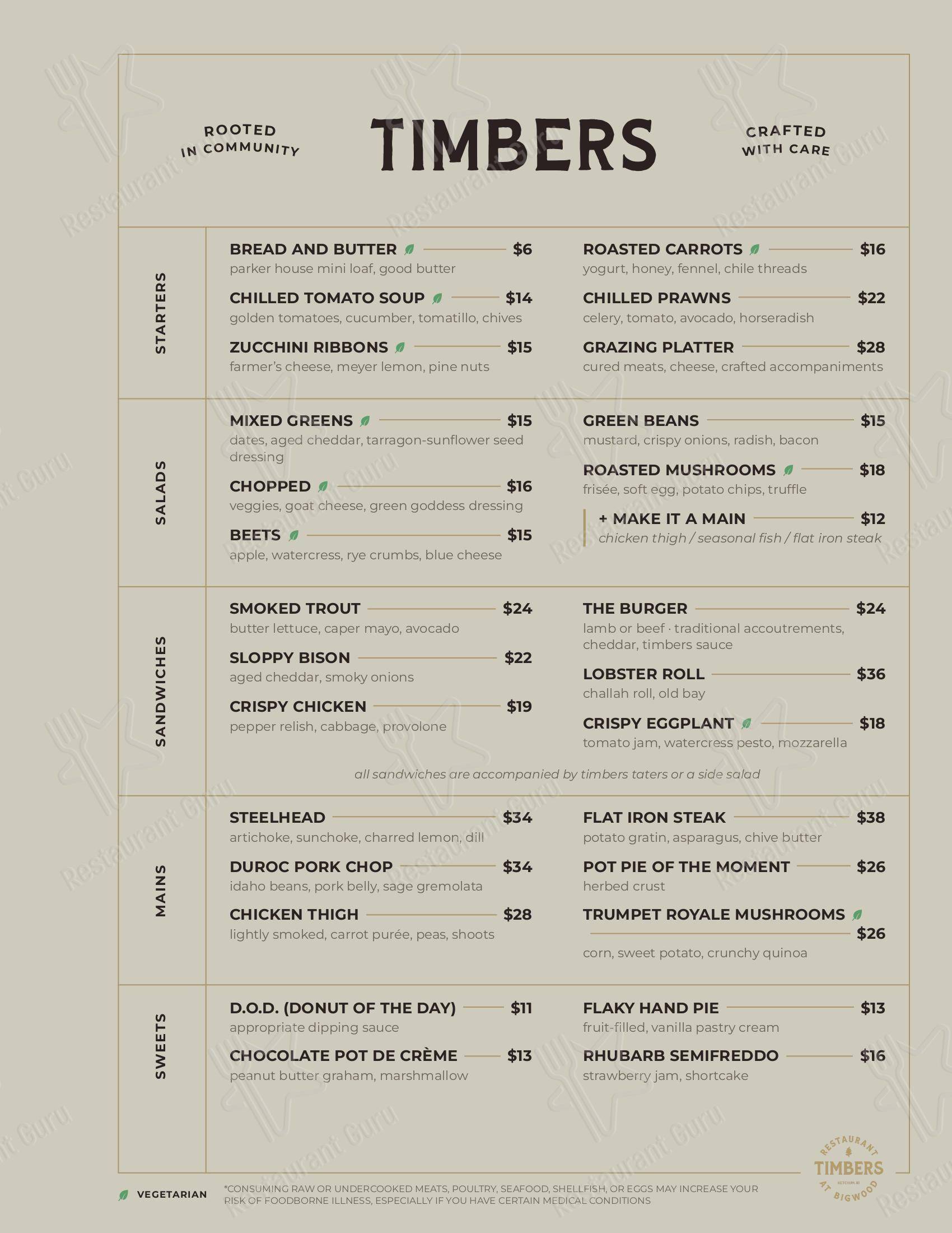 Меню ресторана Timbers Restaurant в Кетчуме