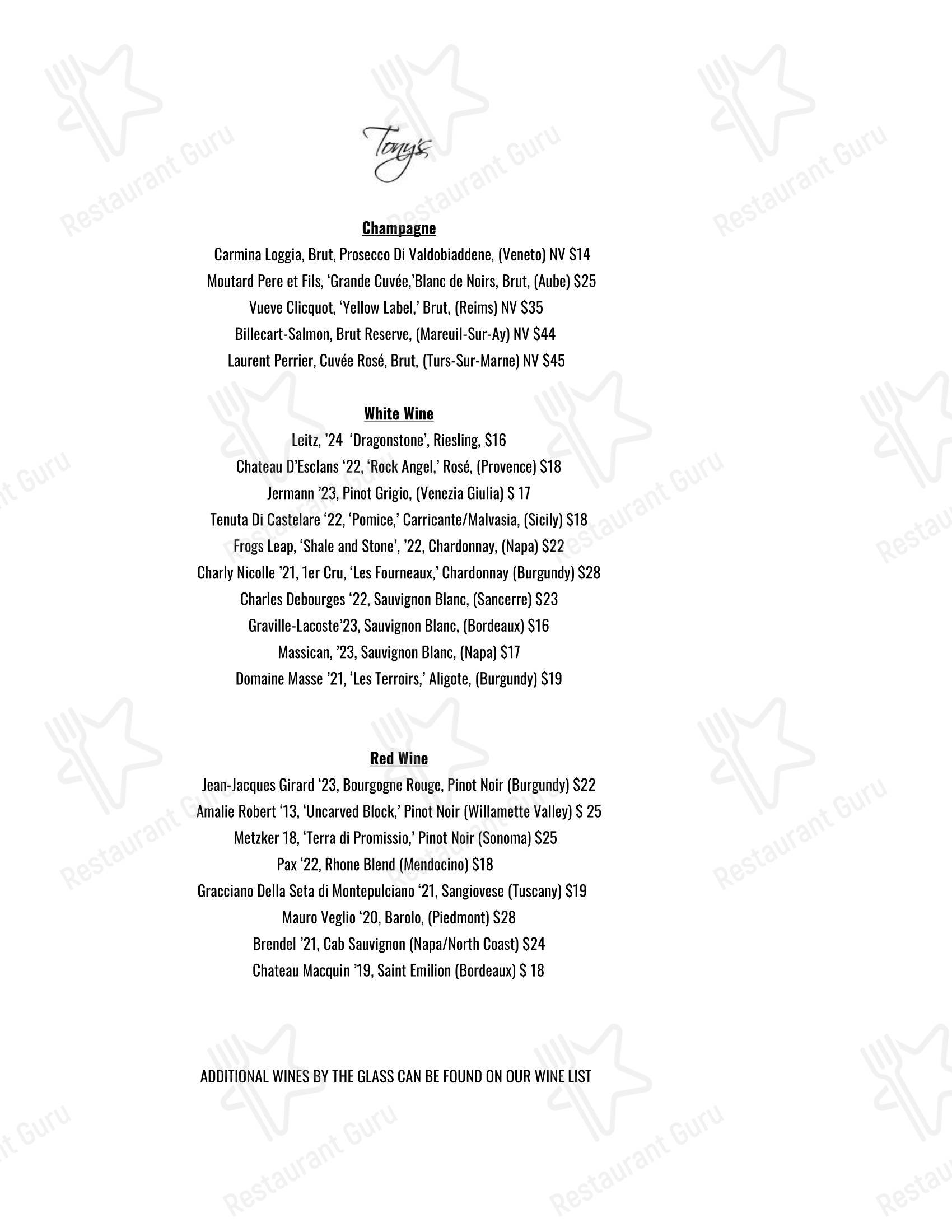 Wine Menu ресторана Tony's в Хьюстоне