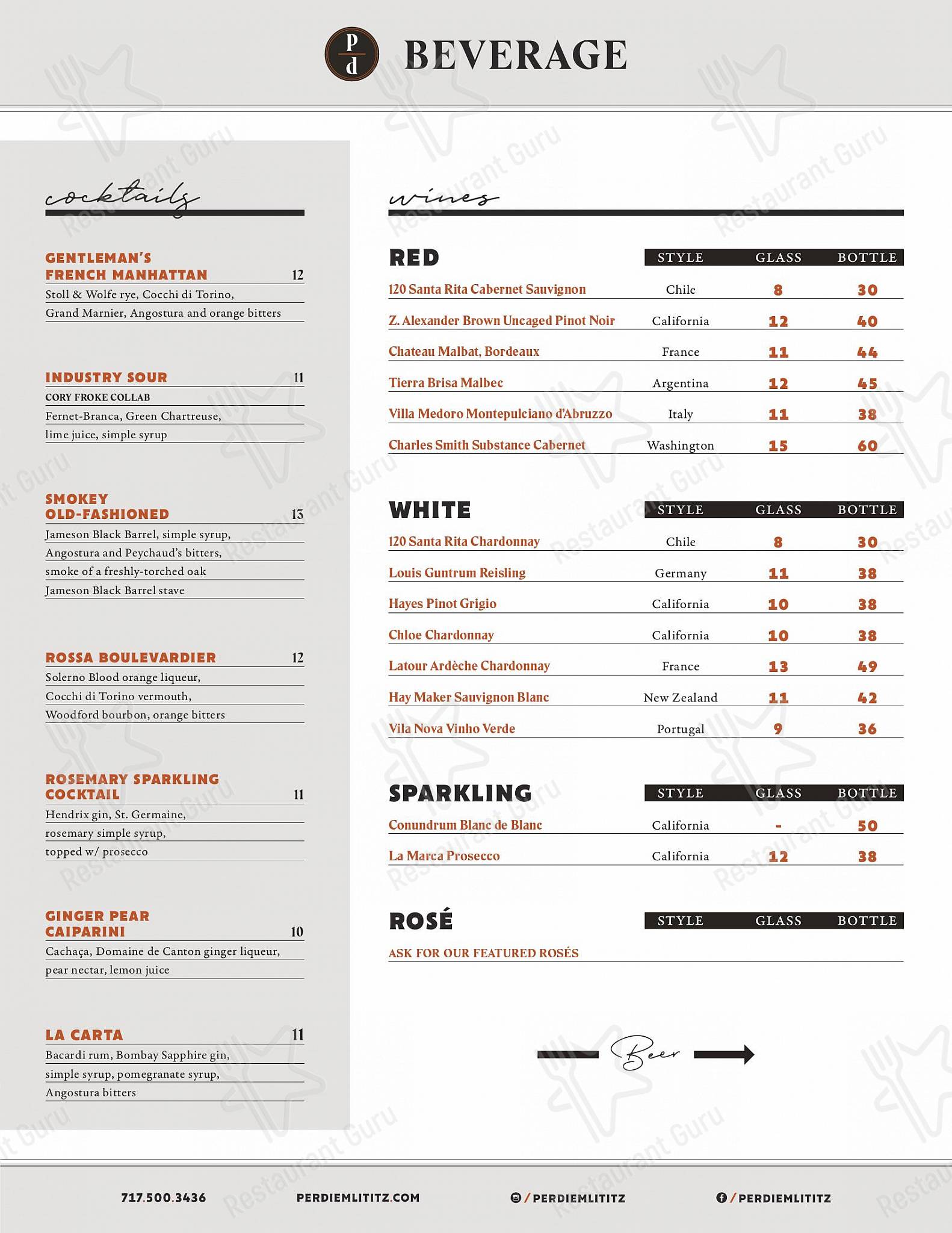 Меню пиццерии Per Diem - Bar menu