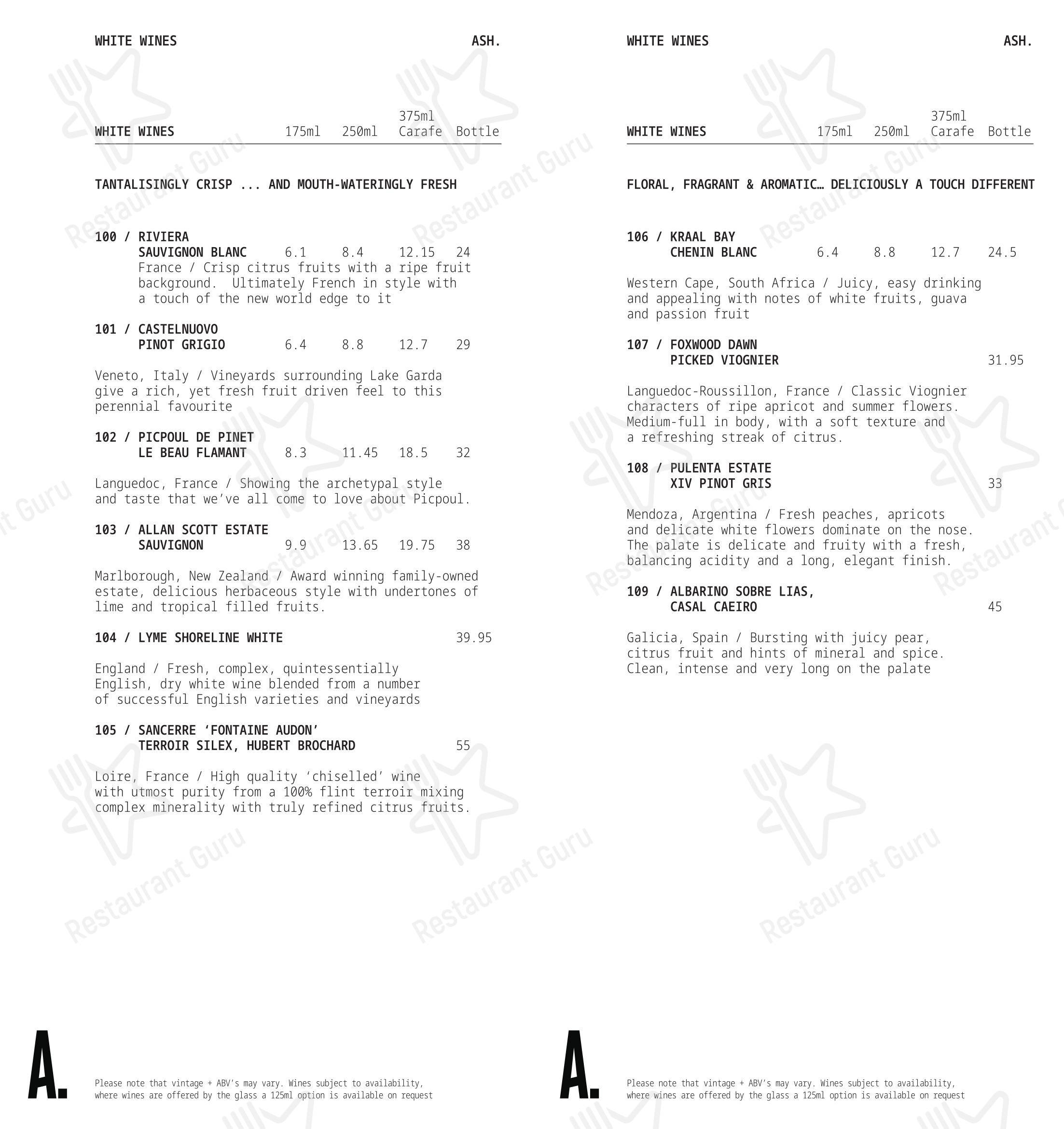 Lunch Menu ресторана ASH в Бирмингеме