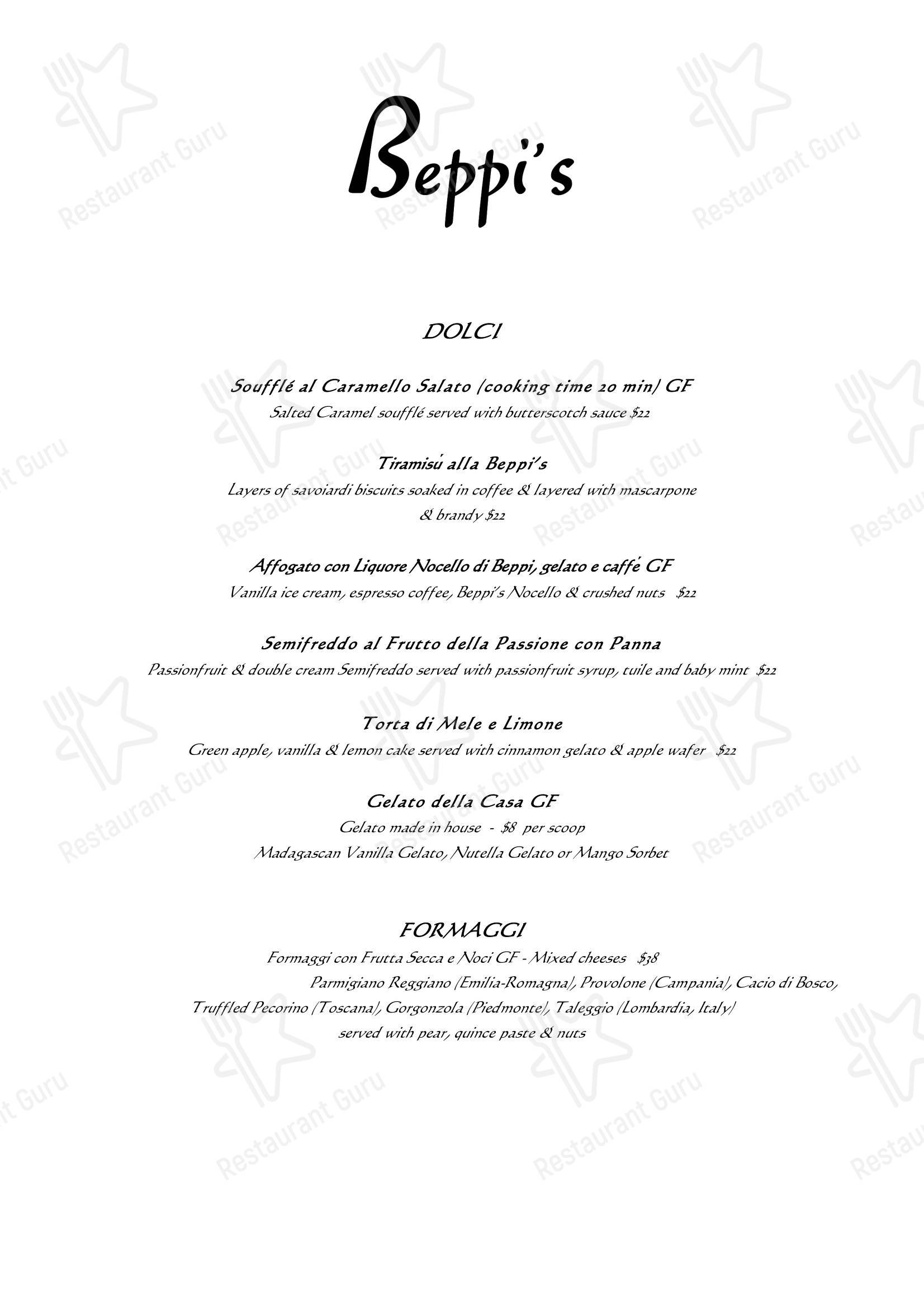 Lunch Menu ресторана Beppi's Italian в Дарлингхерсте