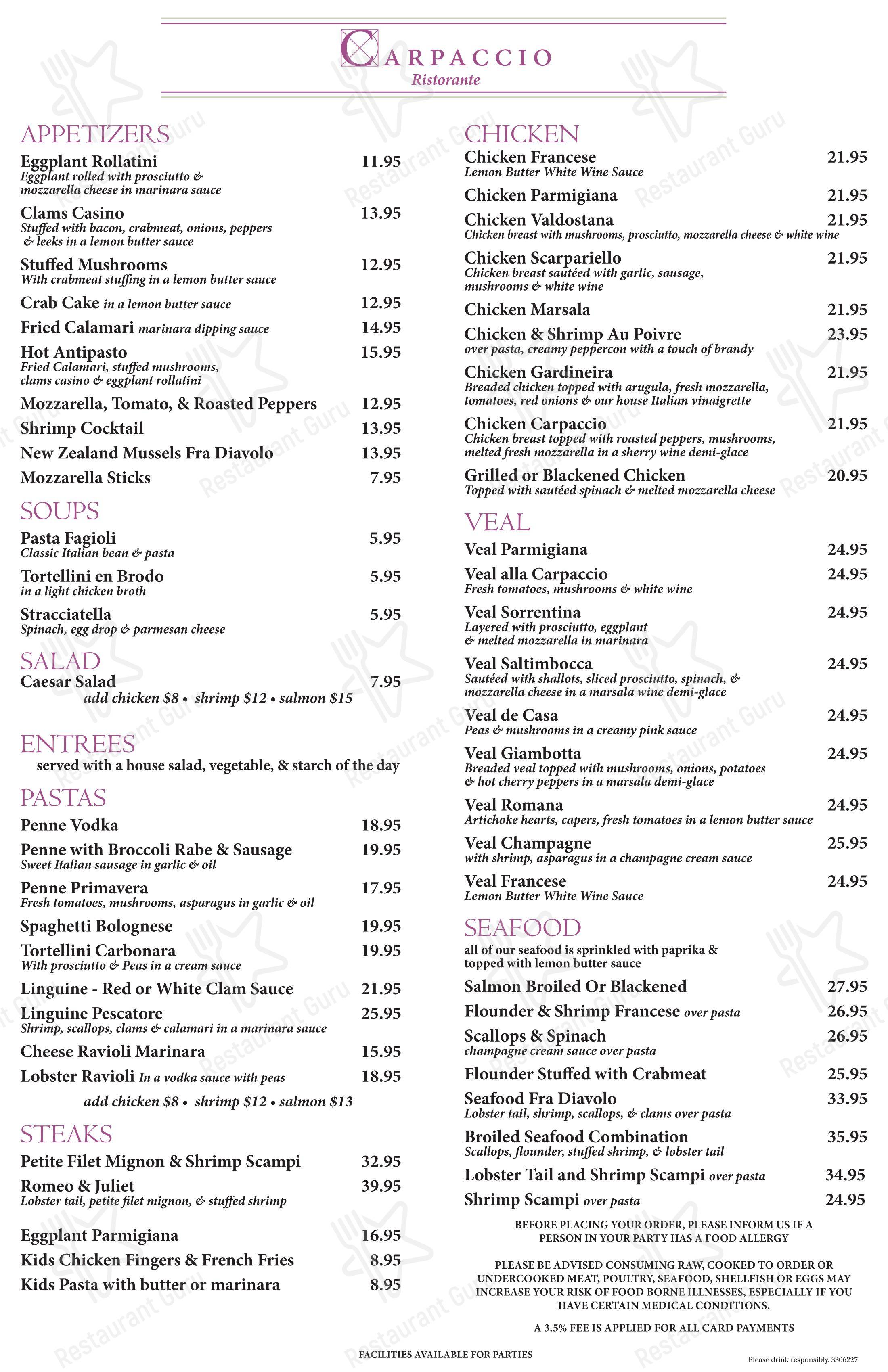 菜单 ресторана Carpaccio Ristorante в Мидлсексе