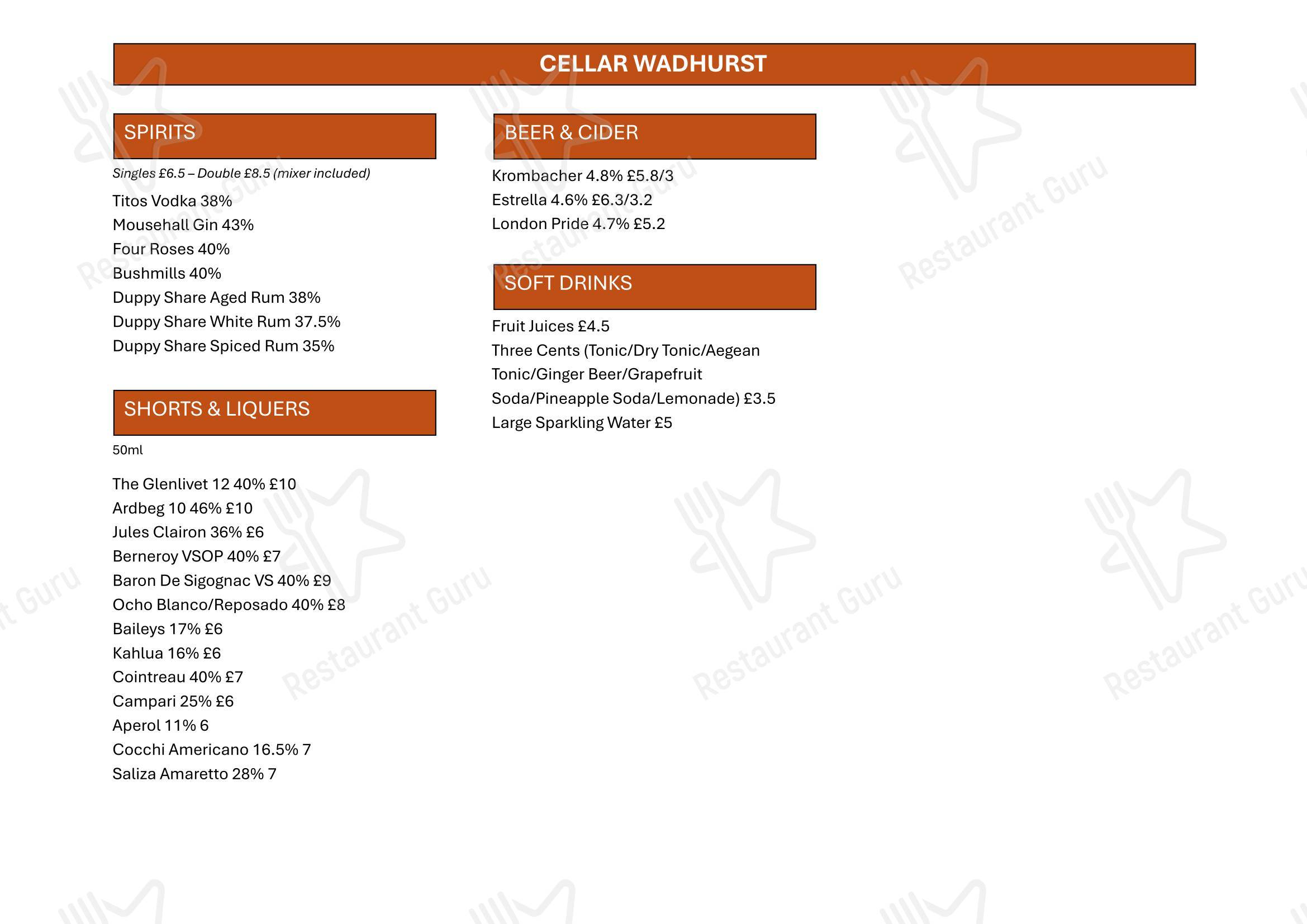 Меню напитков паба и бара Cellar Wadhurst в Уодхерсте