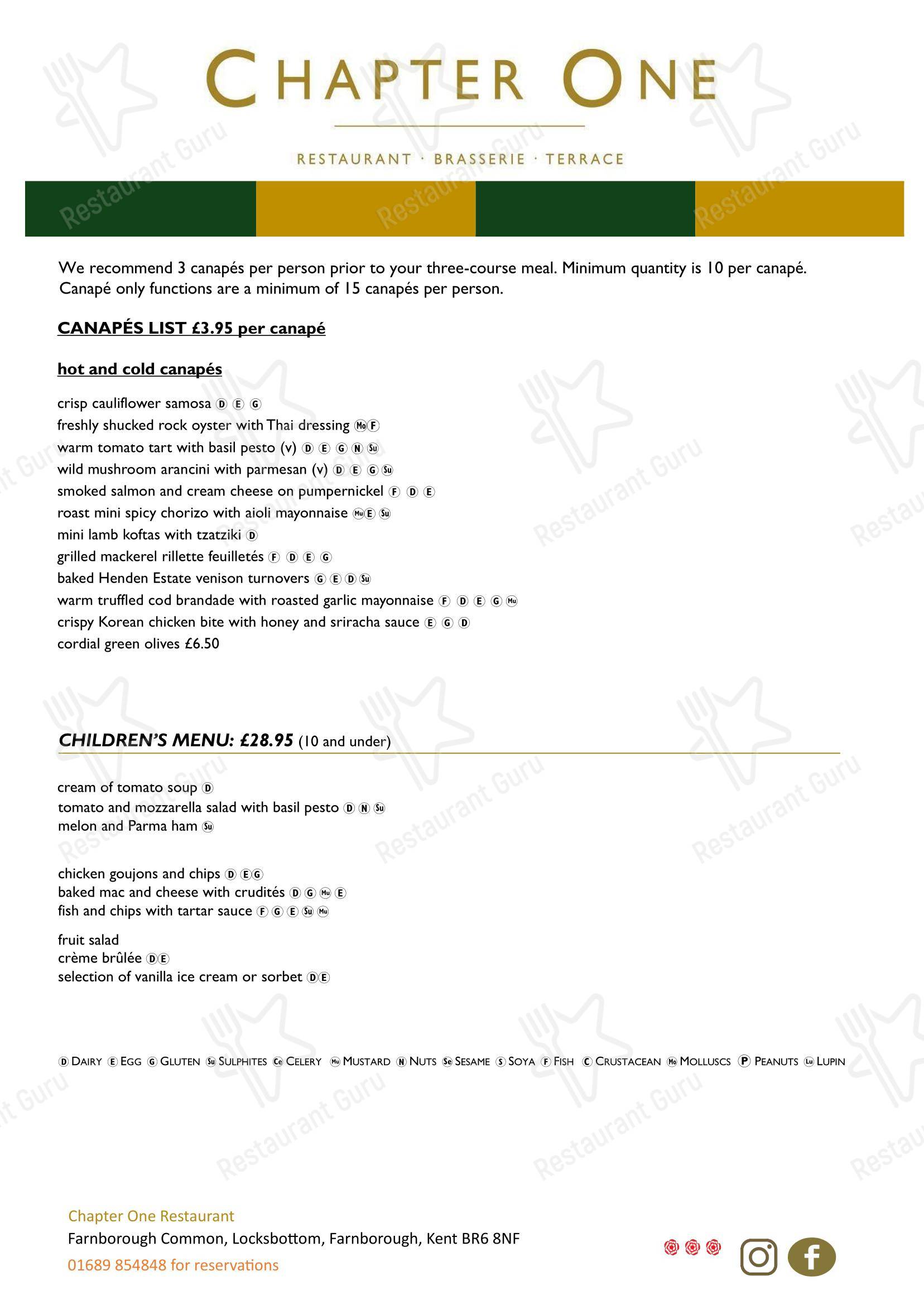 Lunch Menu паба и бара Chapter One в Орпингтоне