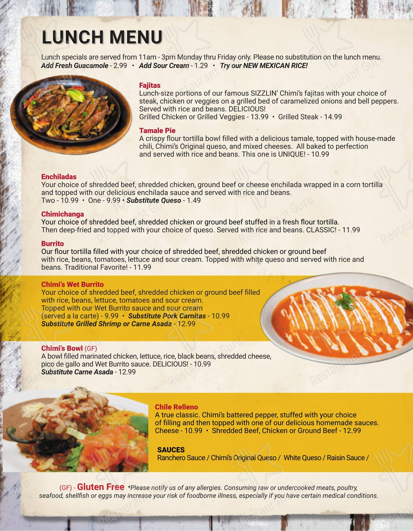 Chimi's Mexican Restaurant в Талсе - Основное меню