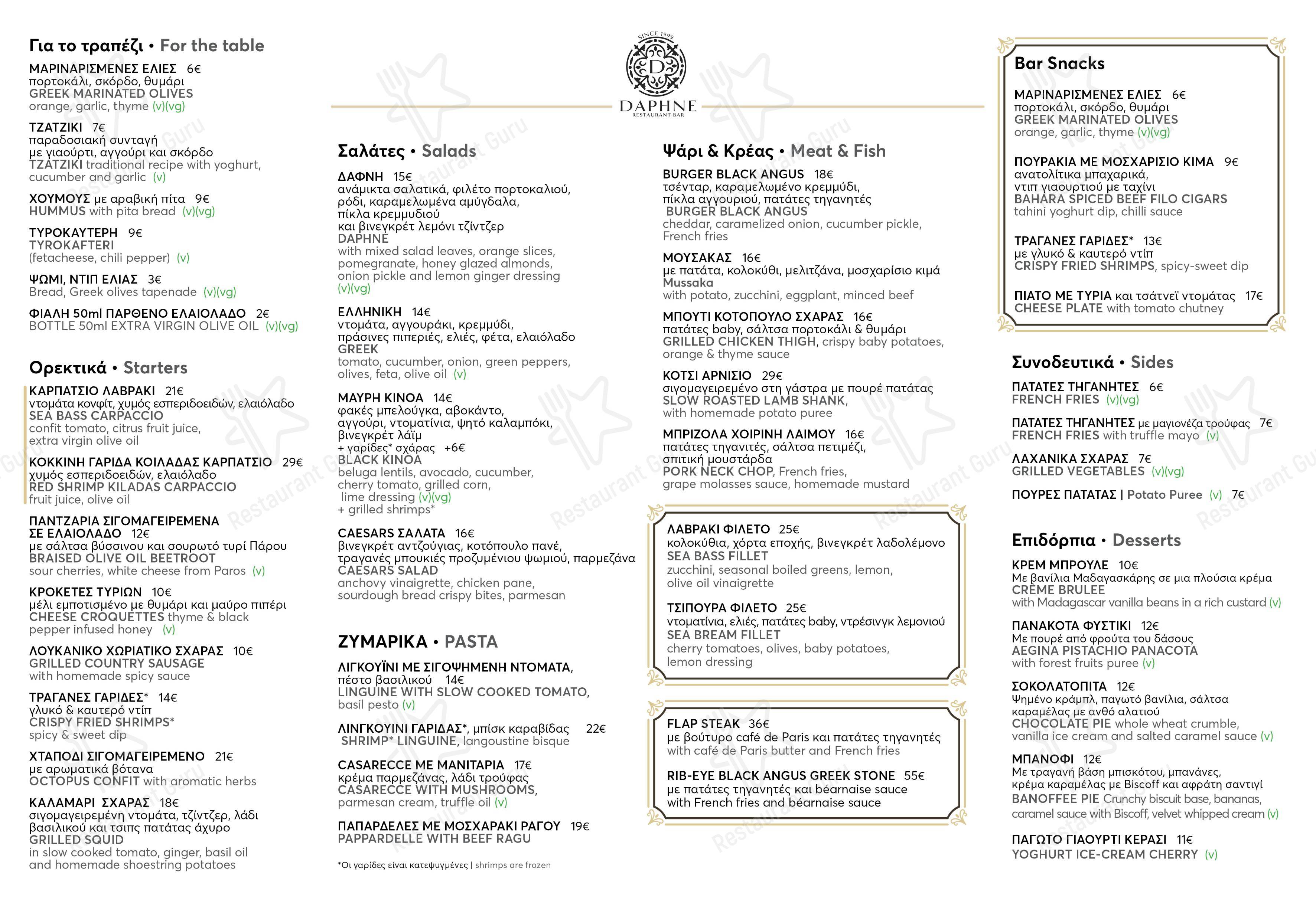 Меню напитков ресторана Daphne Restaurant