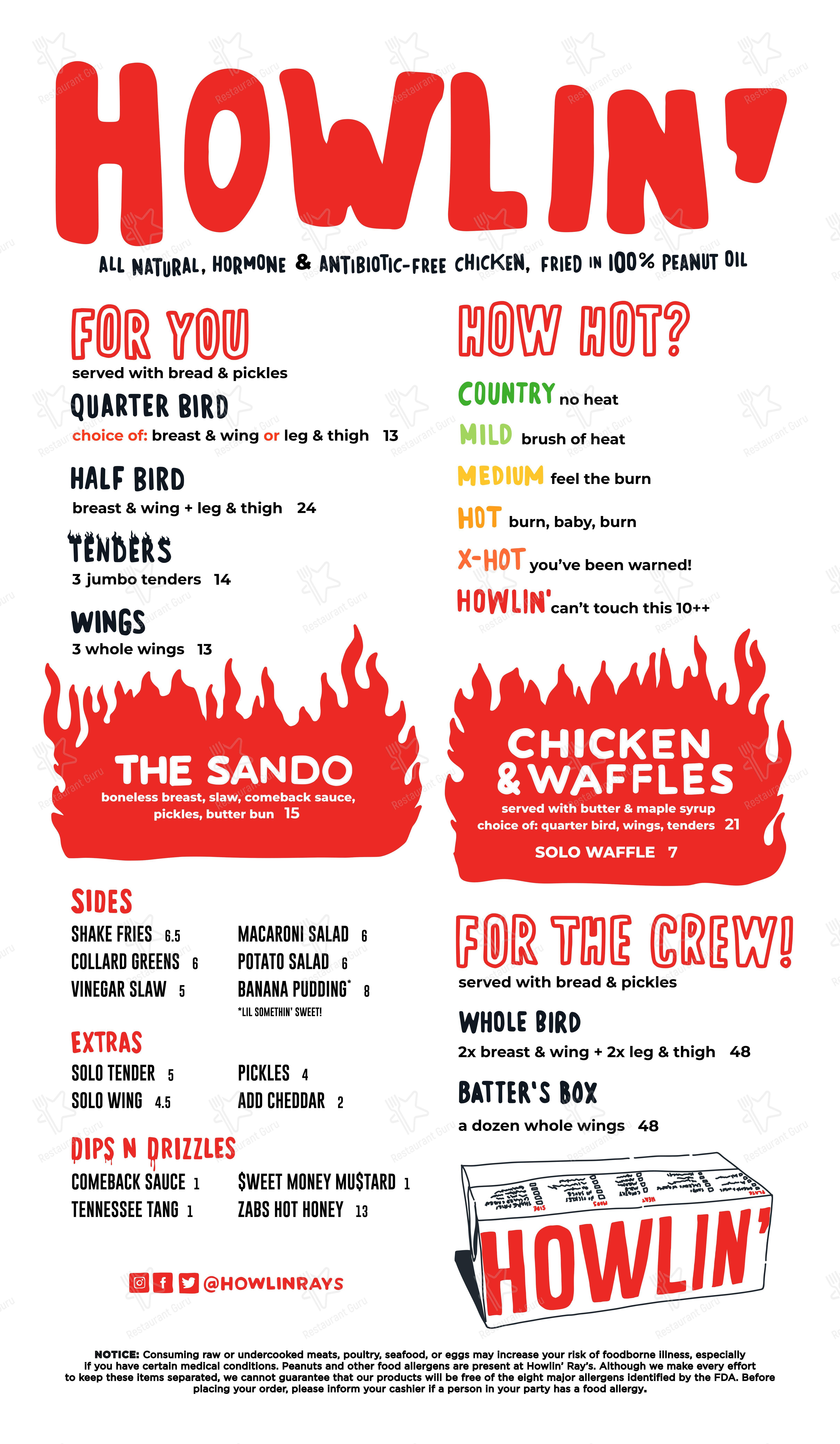 Меню ресторана Howlin' Ray's Hot Chicken - Pasadena