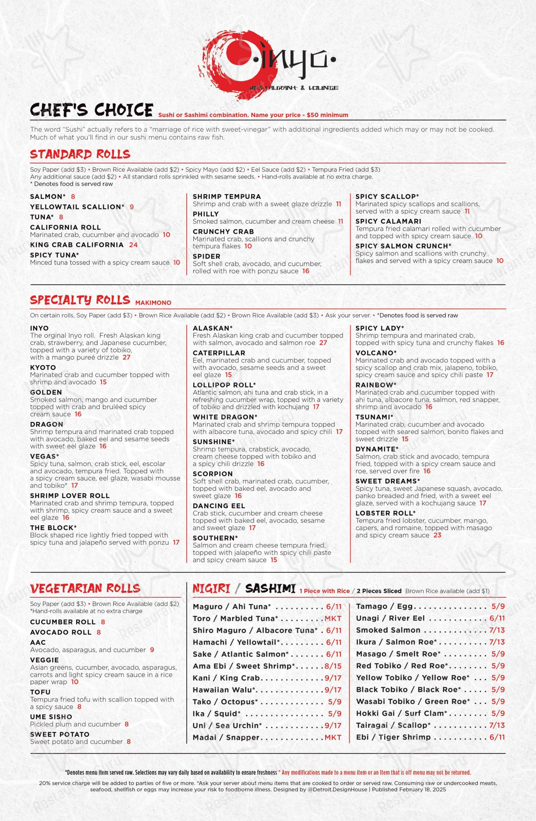Inyo Restaurant & Lounge в Ферндейле - Меню