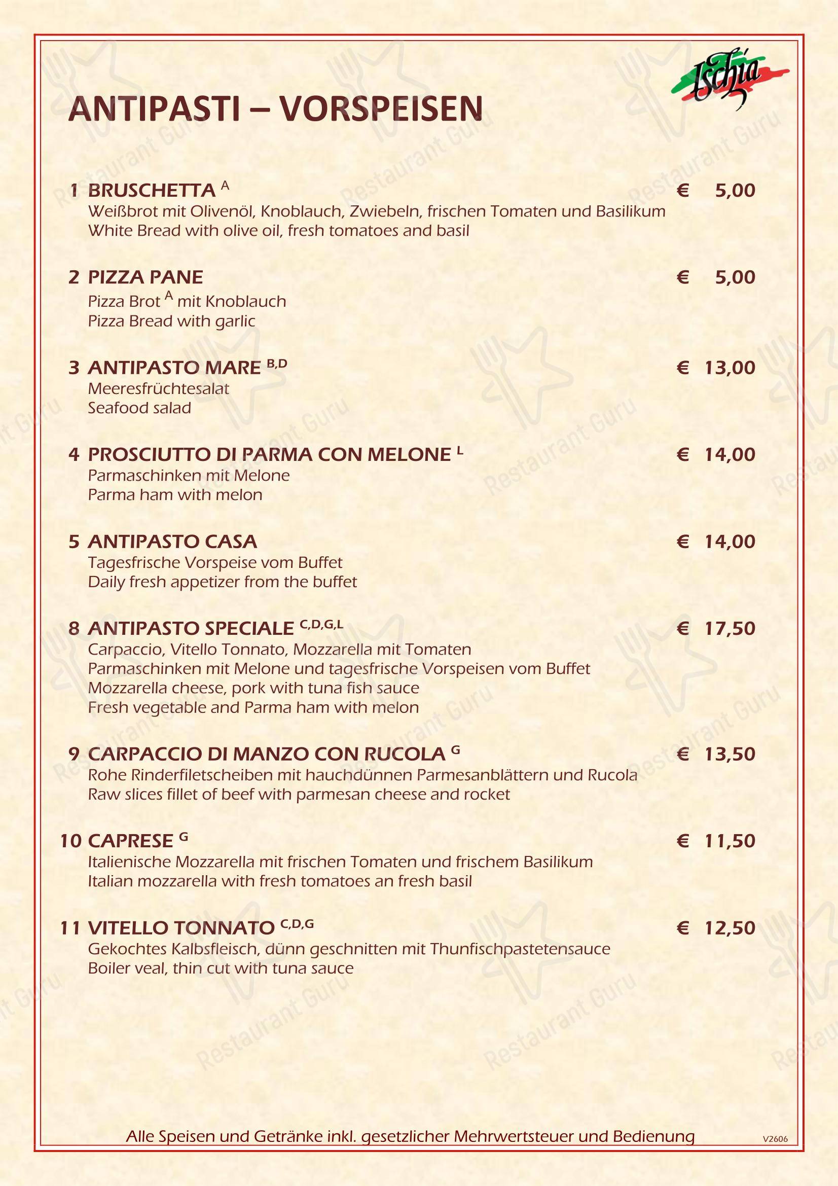 Меню пиццерии Ischia