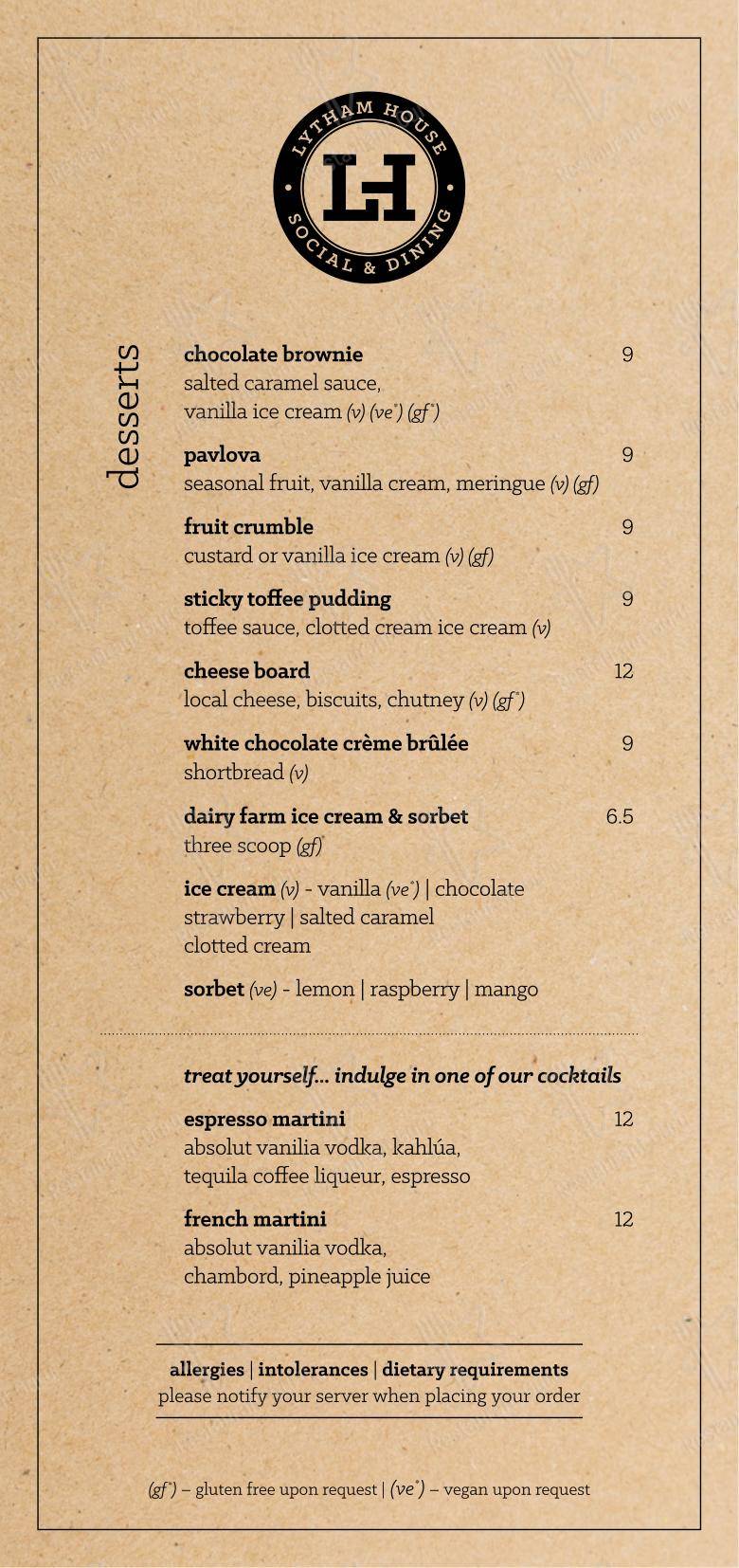 Меню паба и бара Lytham House - Takeaway Menu