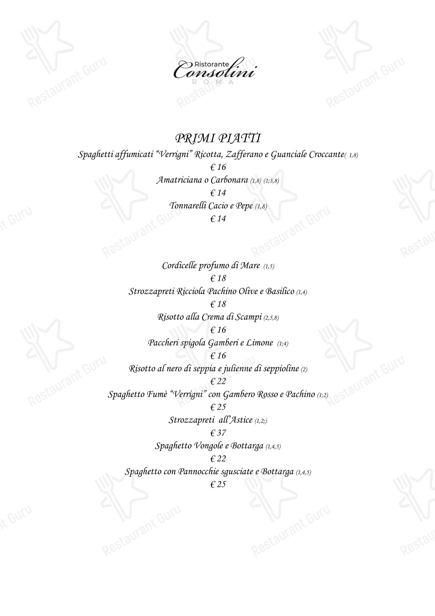 Меню ресторана Ristorante Consolini в Риме