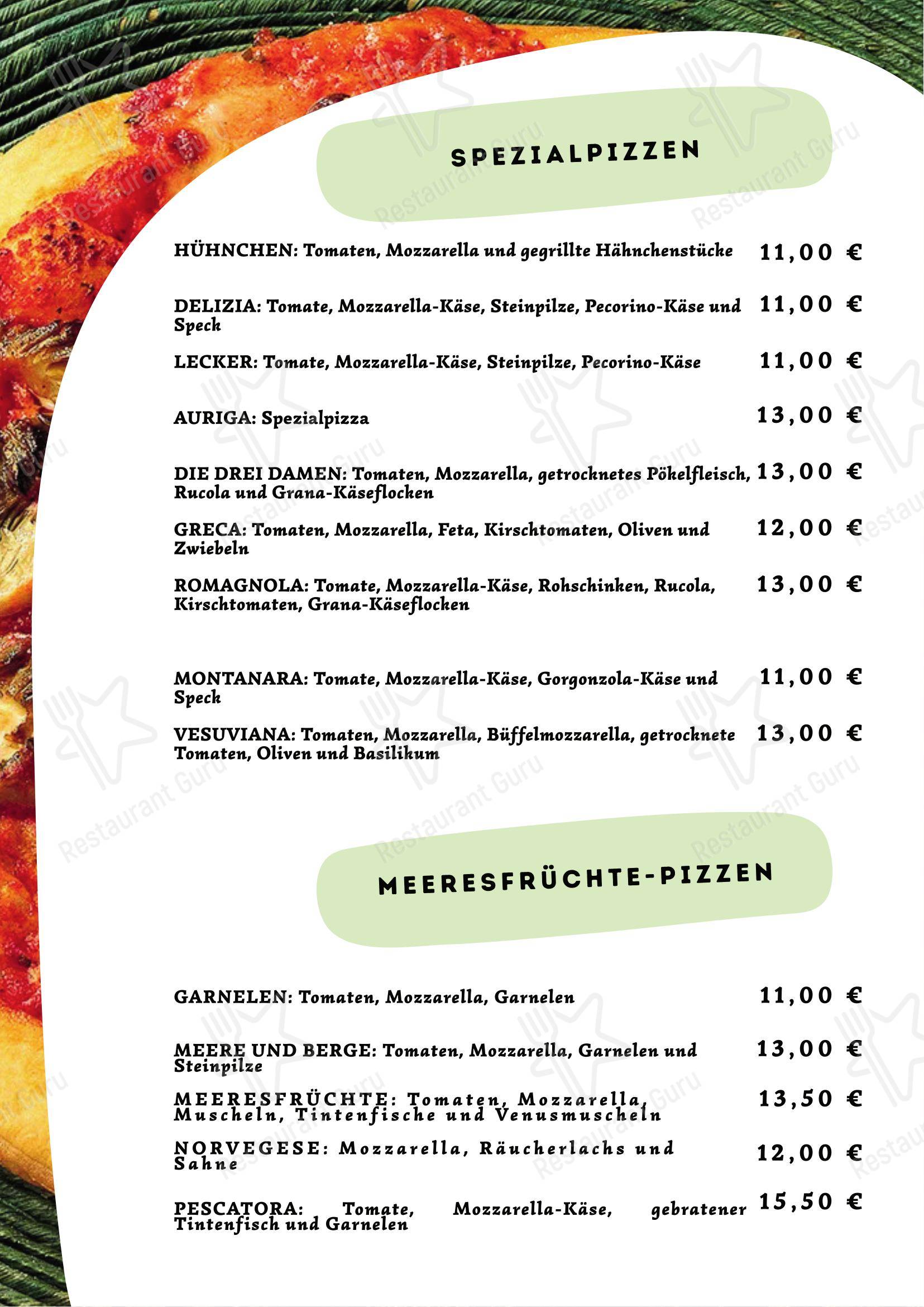 Основное меню паба и бара Ristorante Pizzeria Auriga в Риваццурре