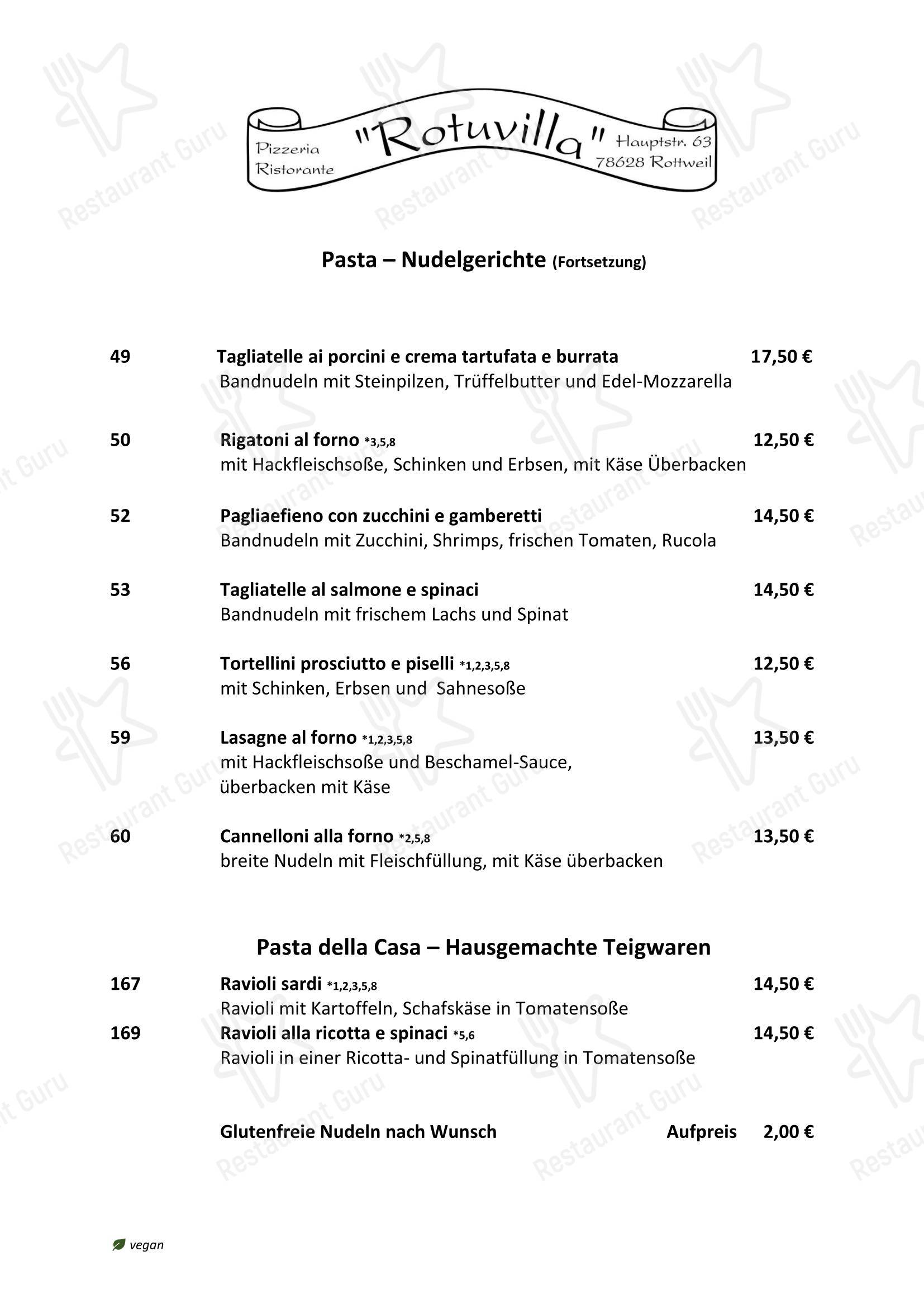 Меню напитков пиццерии Rotuvilla в Ротвайли