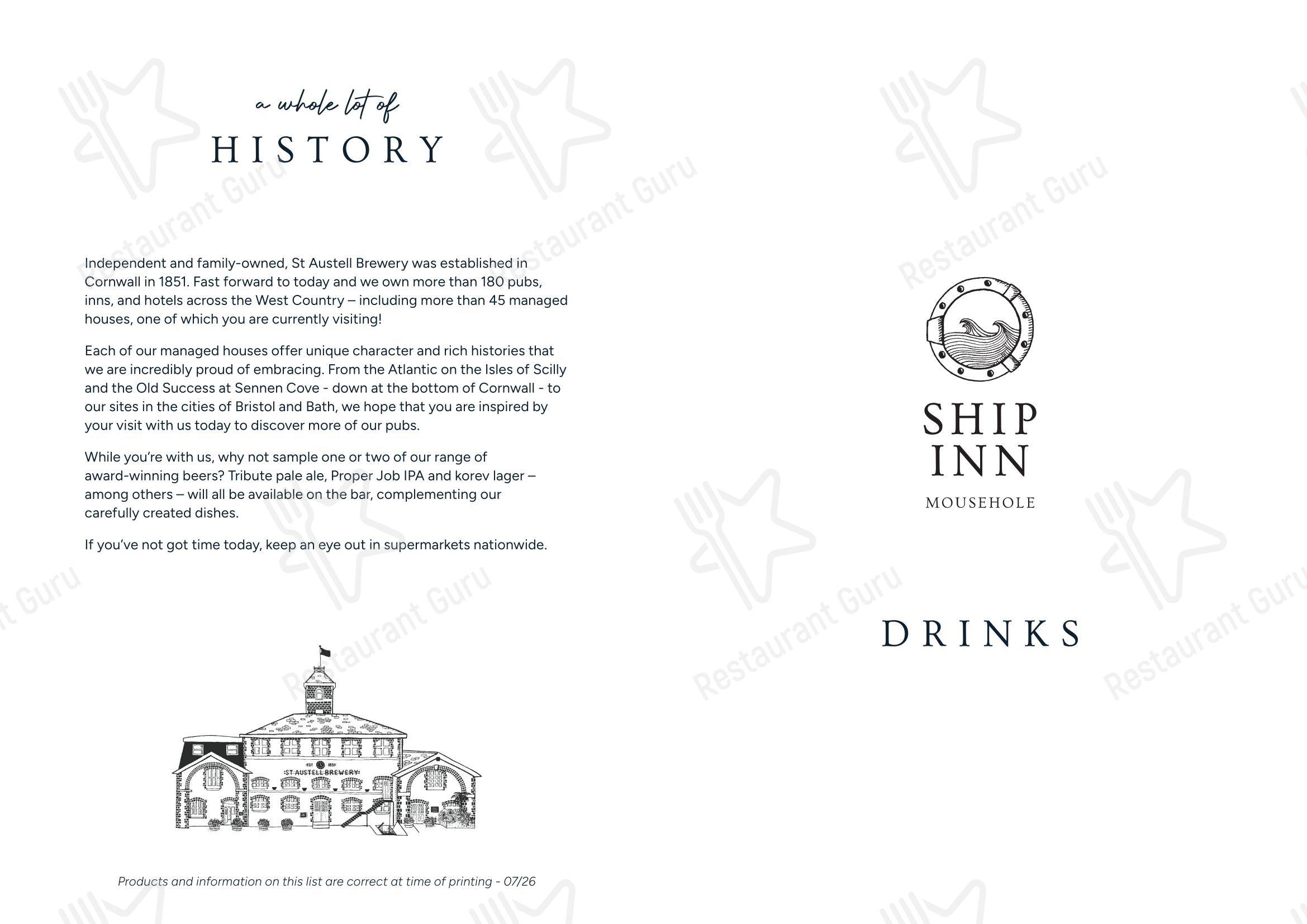 Меню напитков паба и бара Ship Inn, Mousehole в Пензанс