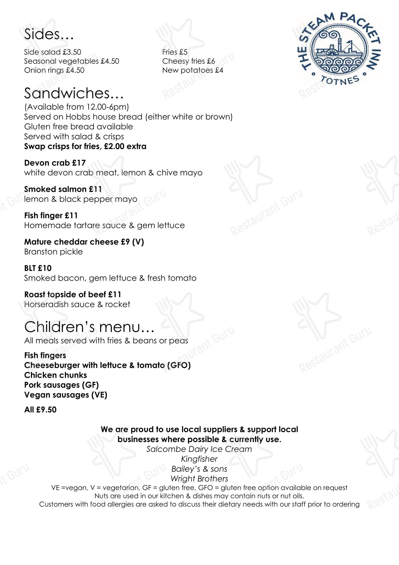 Steam Packet Inn в Тотнесе - Основное меню