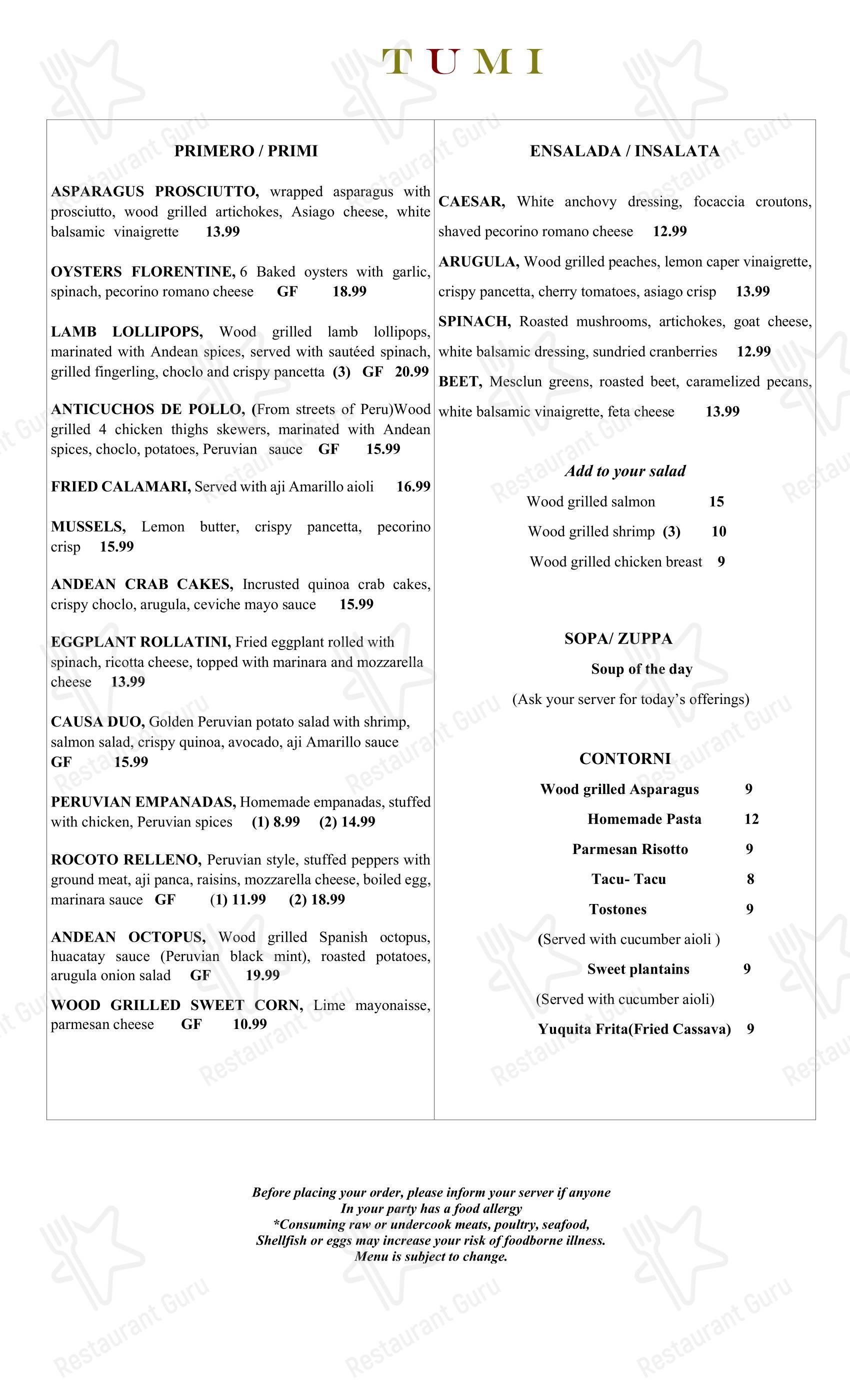 Меню ресторана TUMI CEVICHE BAR & RISTORANTE - Детское