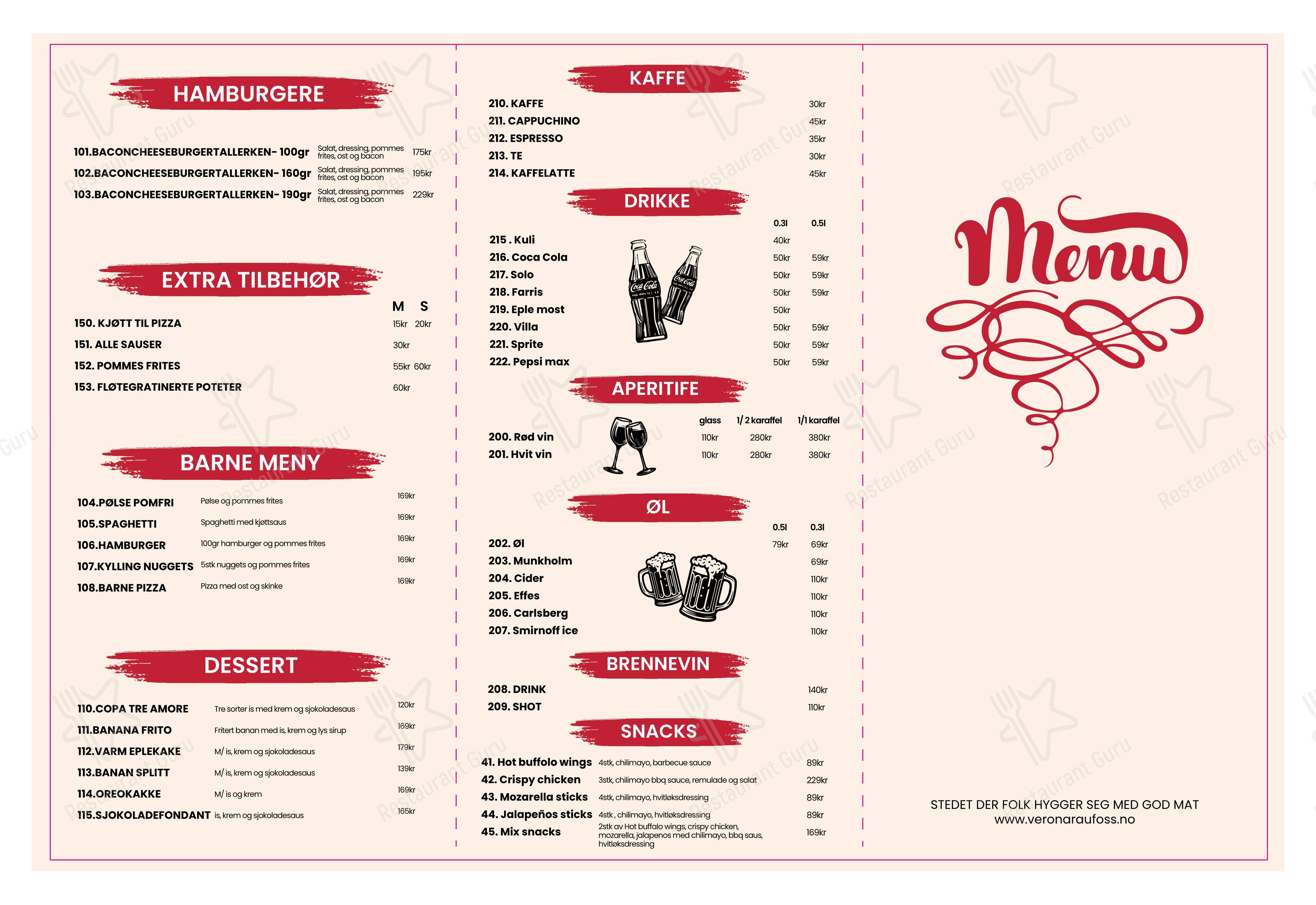 Меню напитков ресторана Verona Restaurant Og Pizza в Рауфоссе