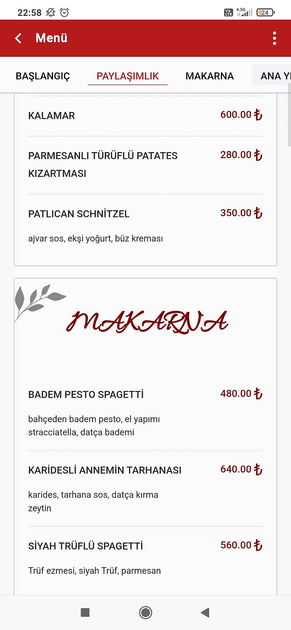Alfheim Eski Datça меню