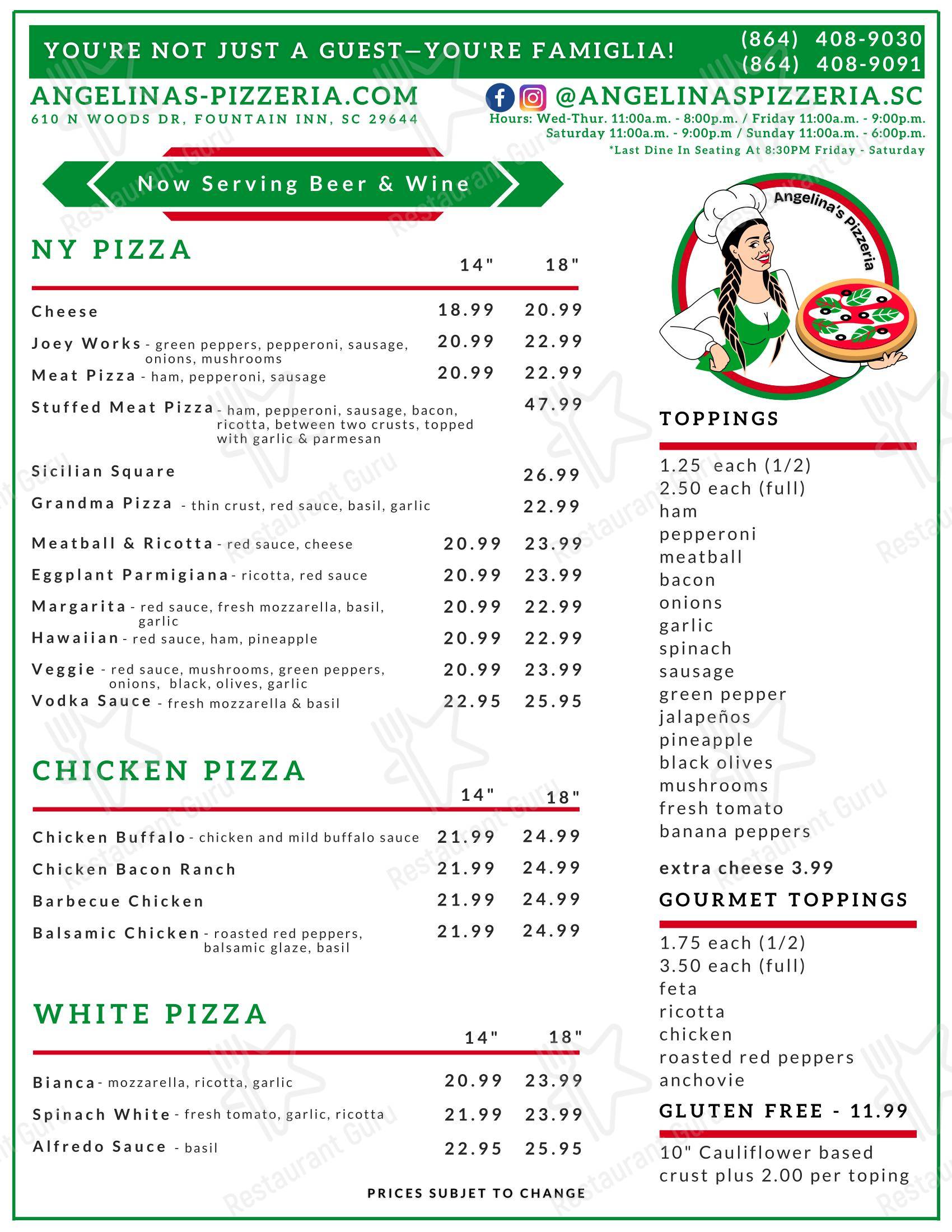 Меню пиццерии Angelina’s Pizzeria - Меню