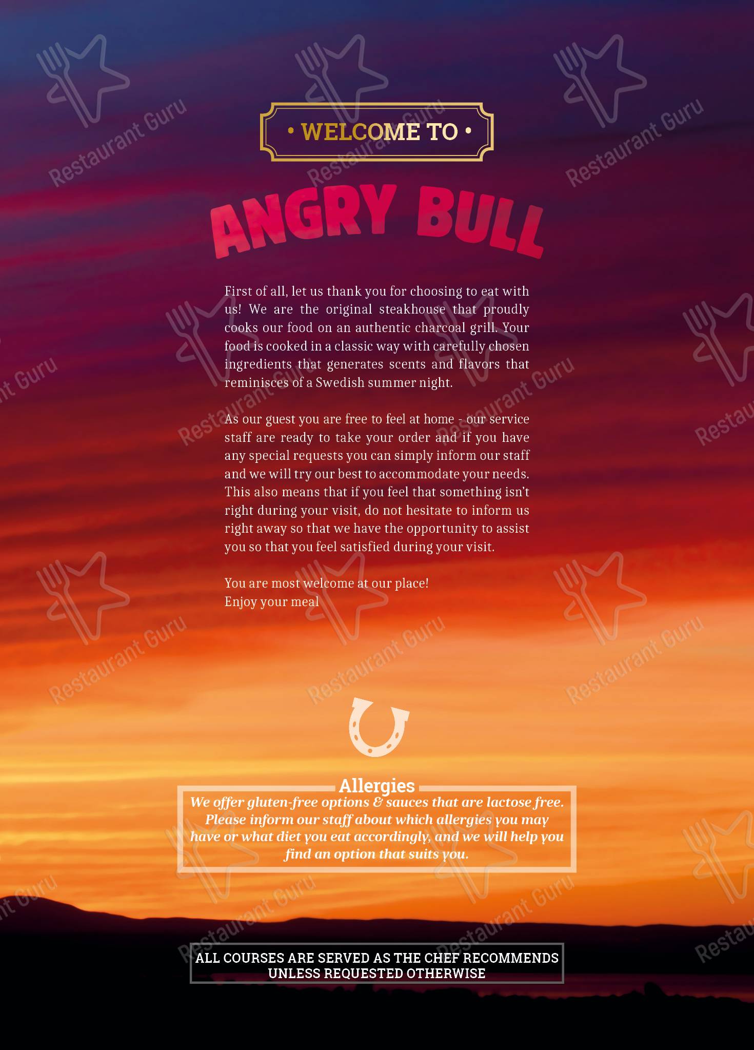 Меню стейк хауса Flaming Bull