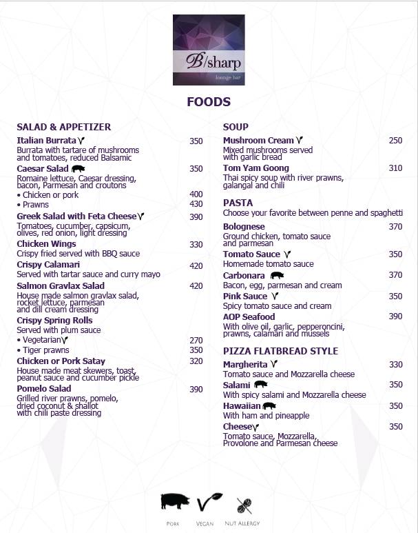 B Sharp Lounge and Bar at Radisson Blu Plaza Bangkok меню