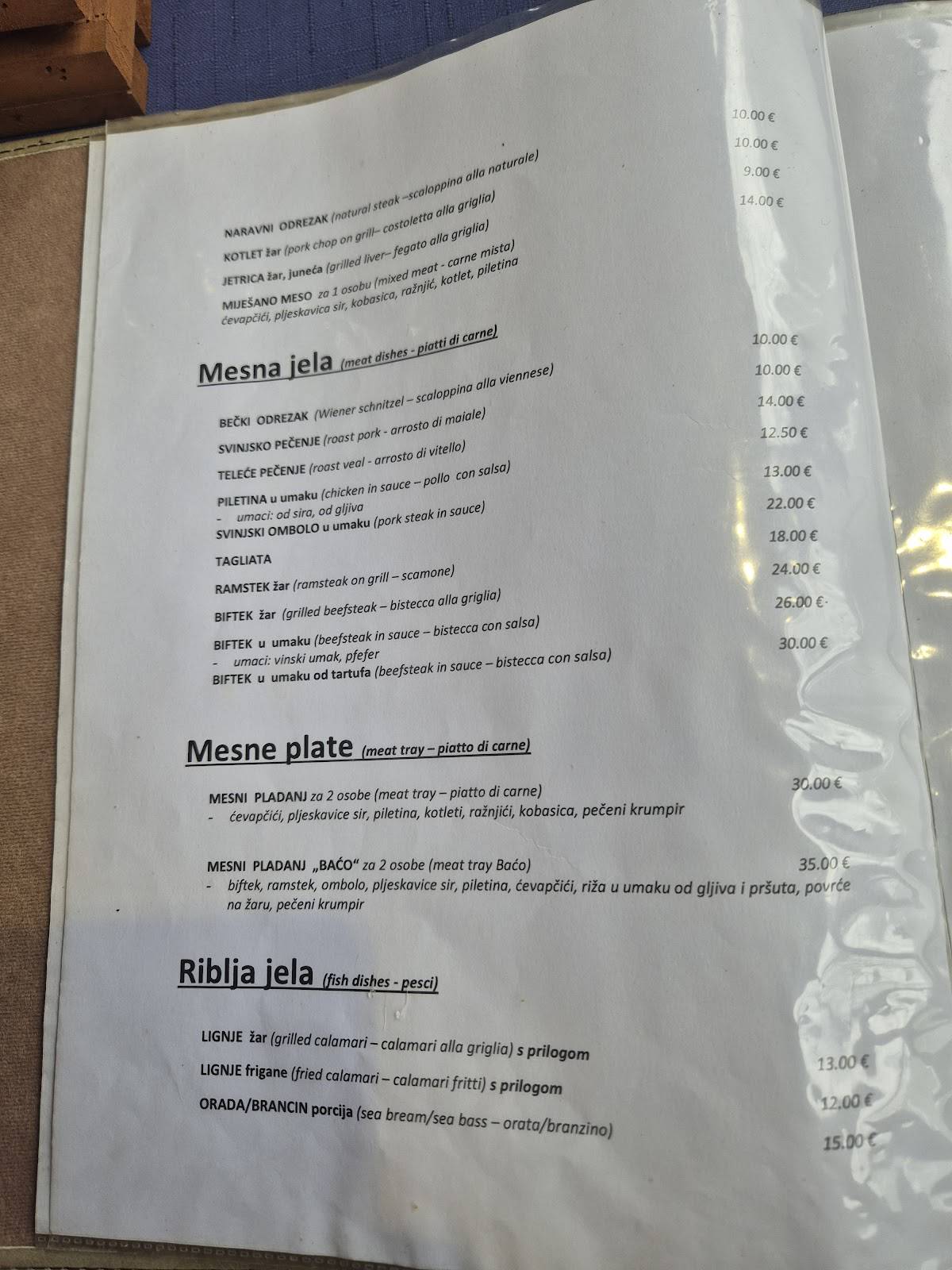Baćo меню