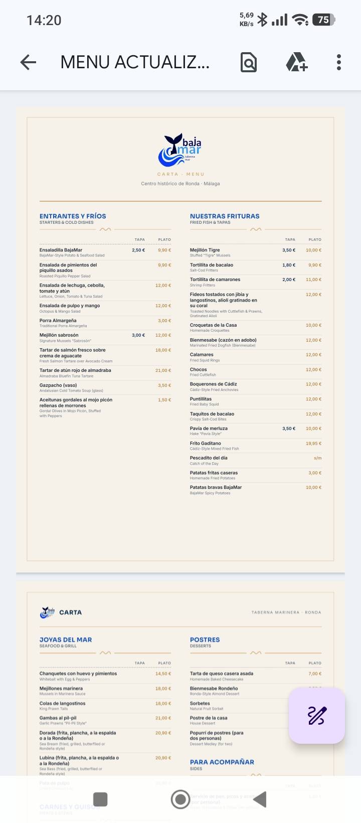 BajaMar taberna mar меню