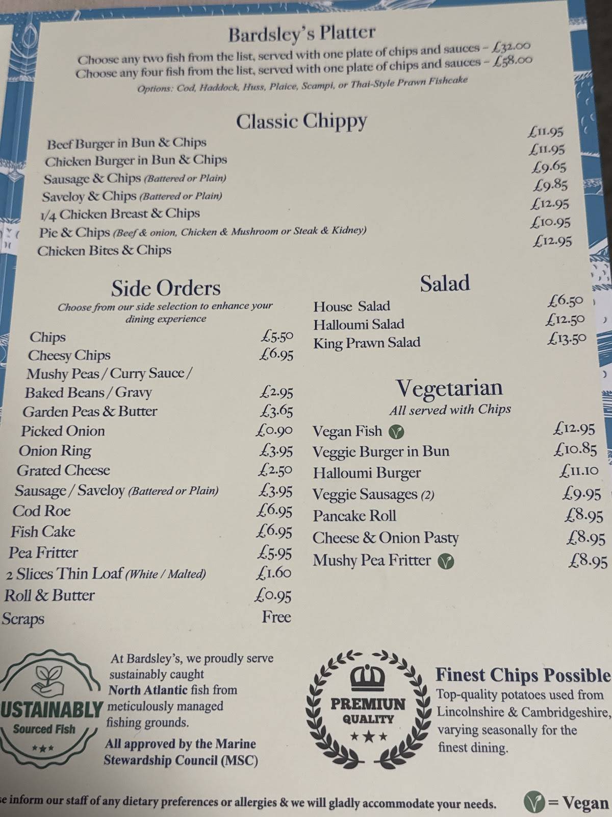 Bardsley's fish and chips меню