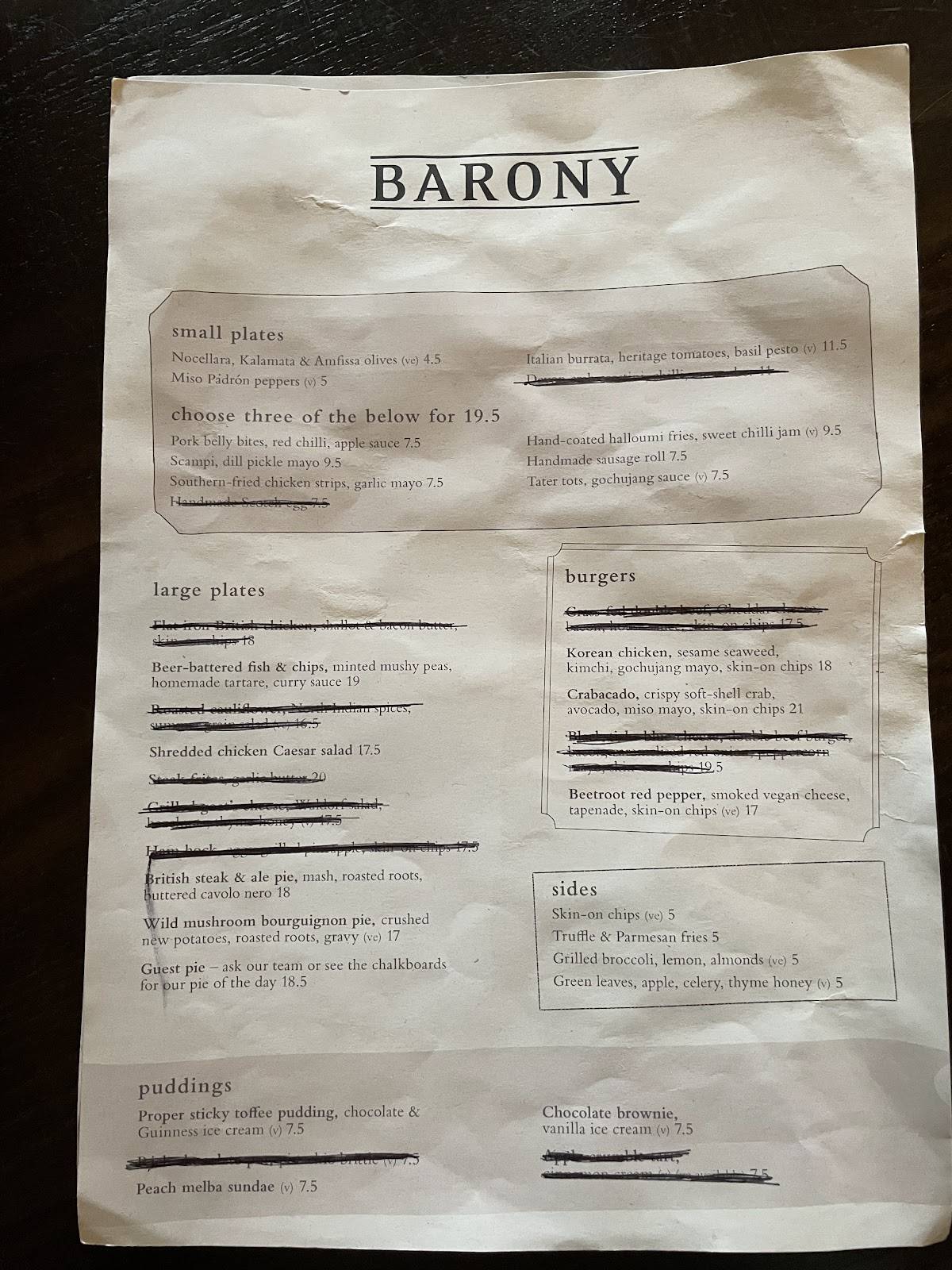 Barony Bar меню