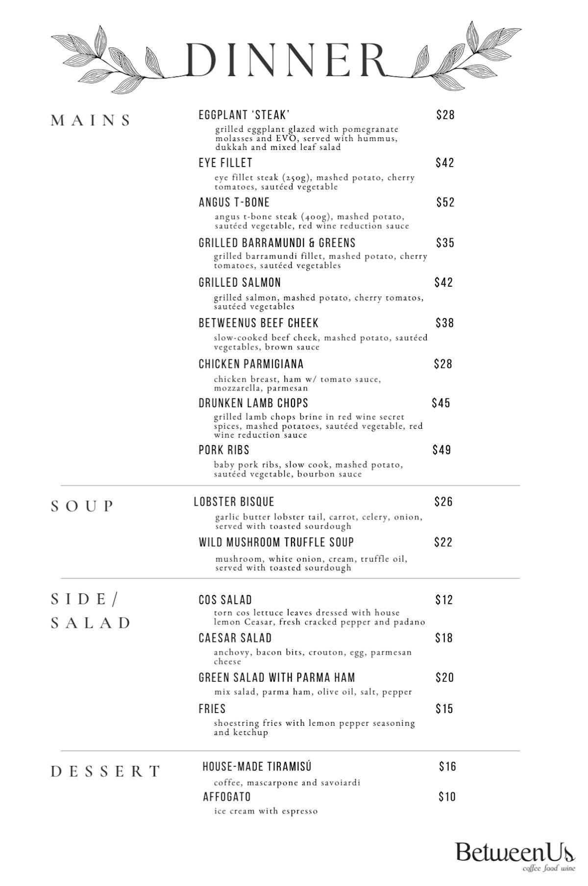 BetweenUs Coffee Food Wine меню