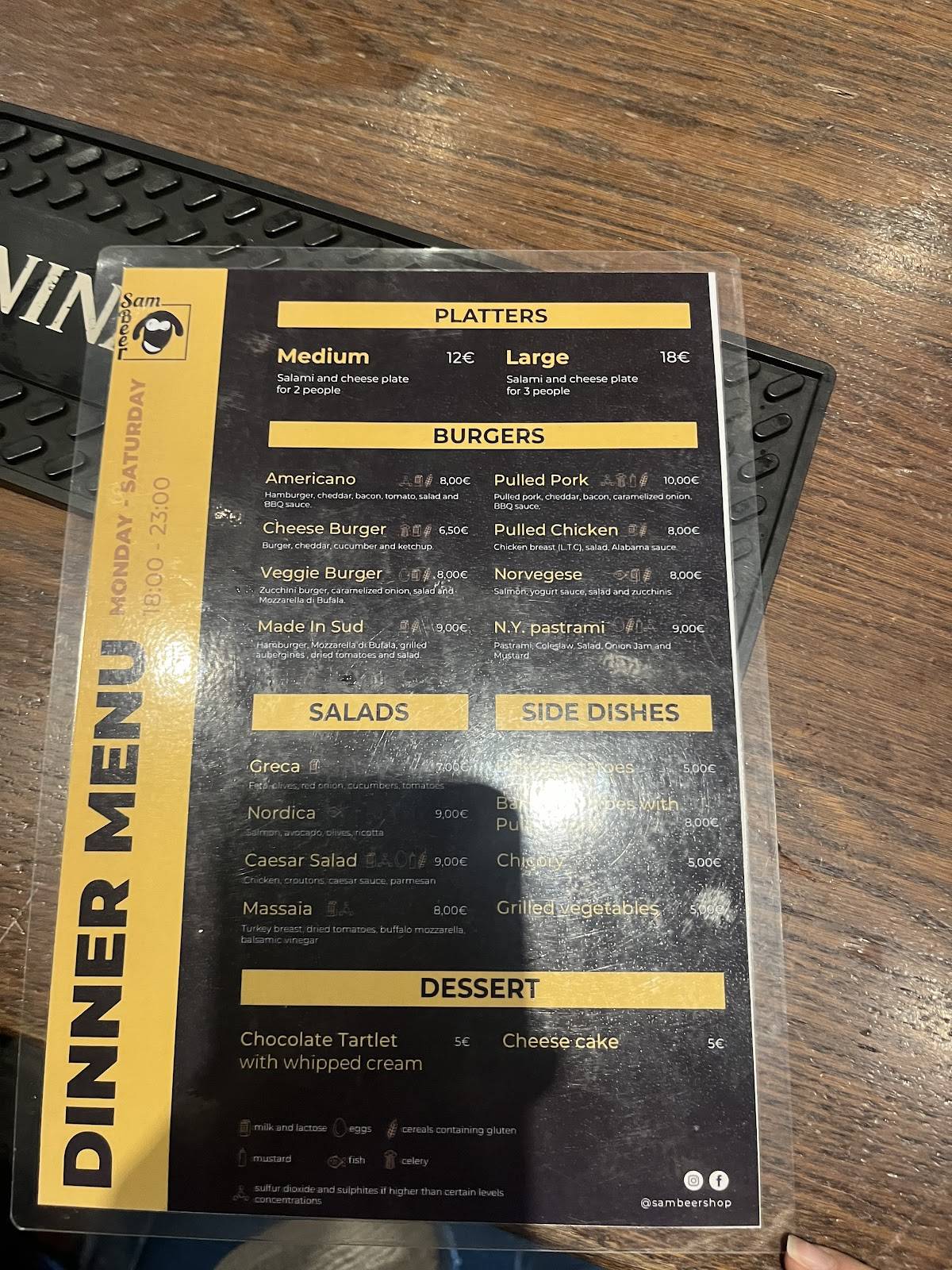 Birreria Sam Beer Shop Roma меню