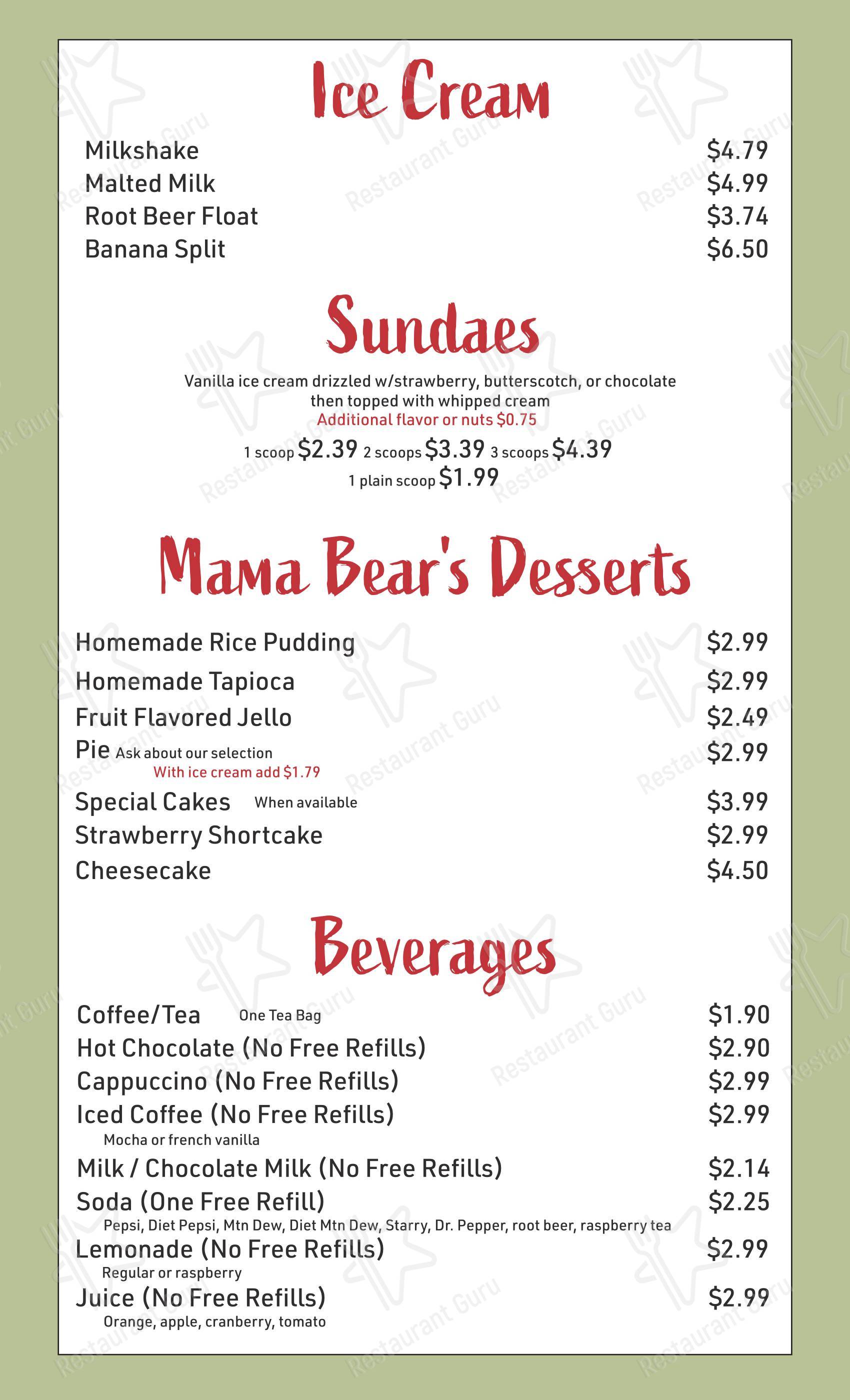 Меню ресторана Black Bear Family Restaurant