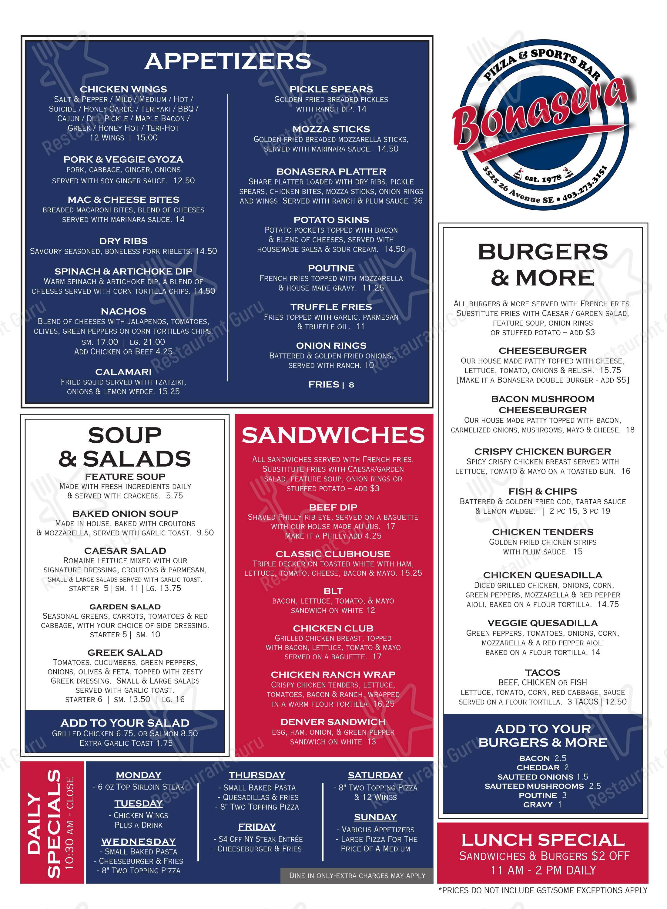 Bonasera Pizza & Sports Bar SE в Калгарях - Меню