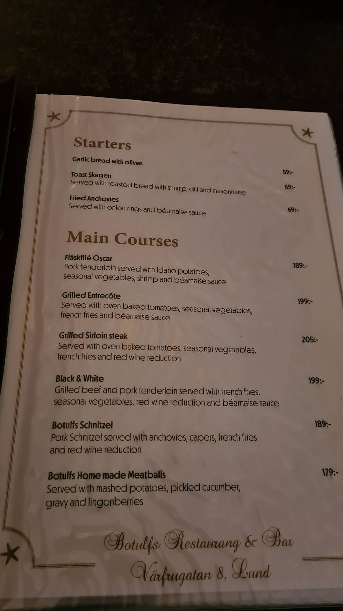 Botulfs restaurang & bar меню