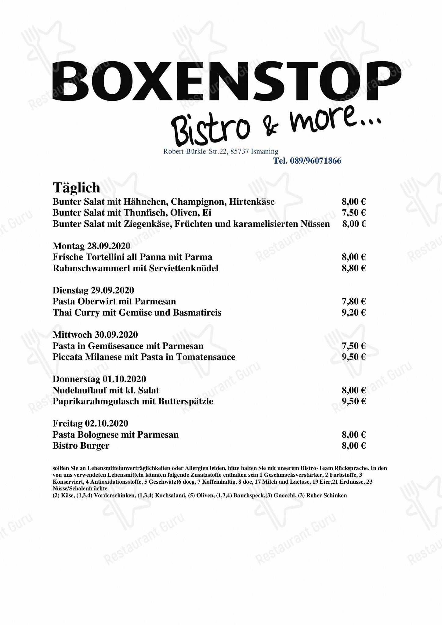 Меню ресторана Boxenstop Bistro & more