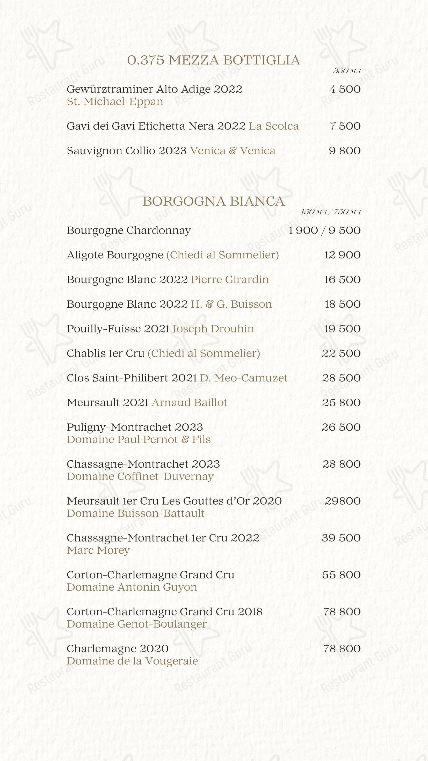 Brera в Москве - Dinner Menu