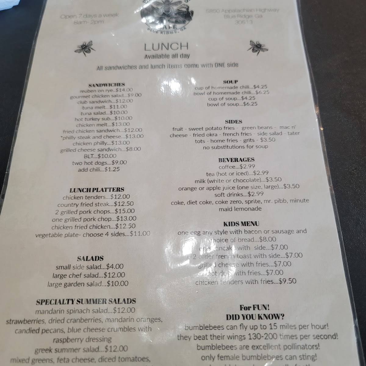BumbleBee's Cafe Blue Ridge меню