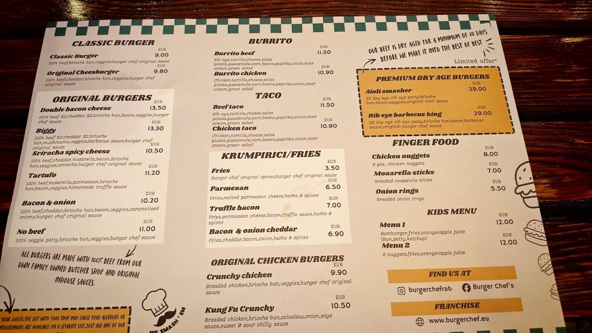 Burger Chef's меню