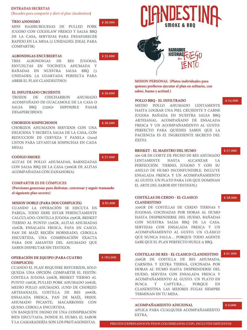 CLANDESTINA SMOKE & BBQ меню