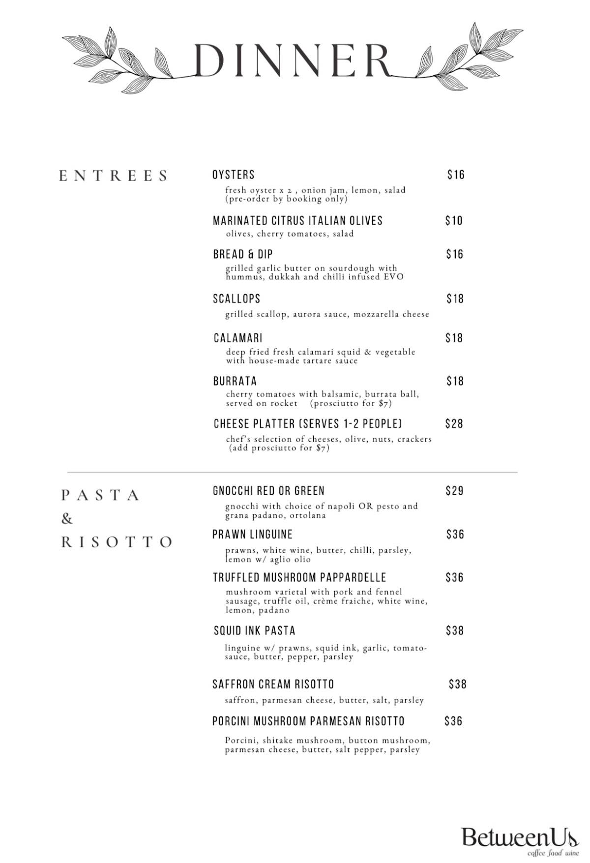 BetweenUs Coffee Food Wine меню