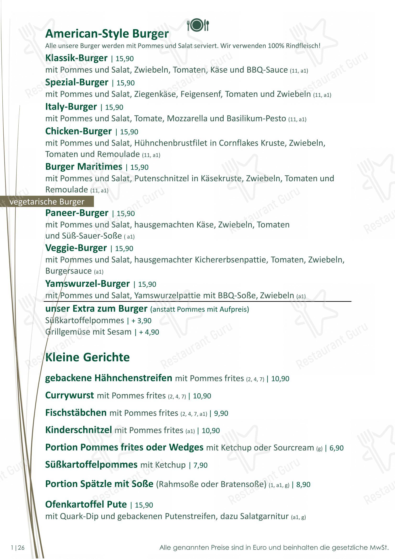 Меню ресторана Cafe Restaurant Maritimes - Меню