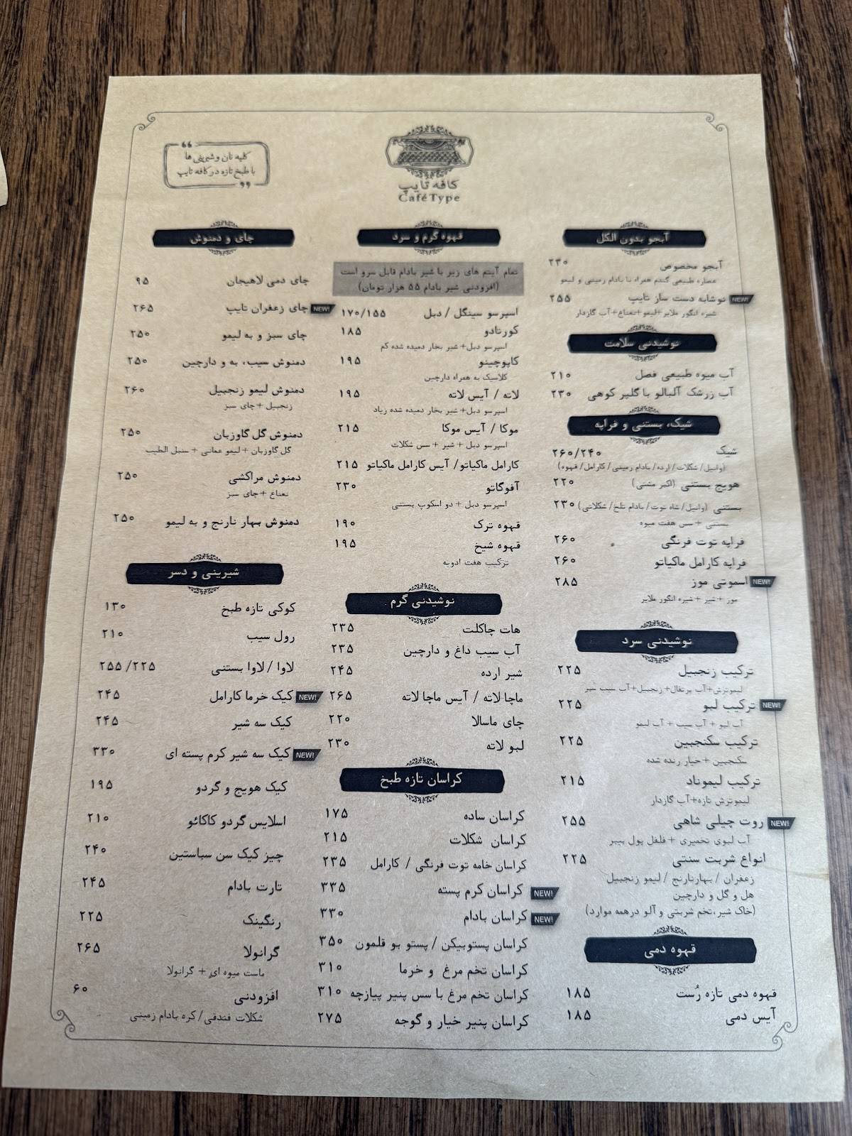 Cafe Type меню