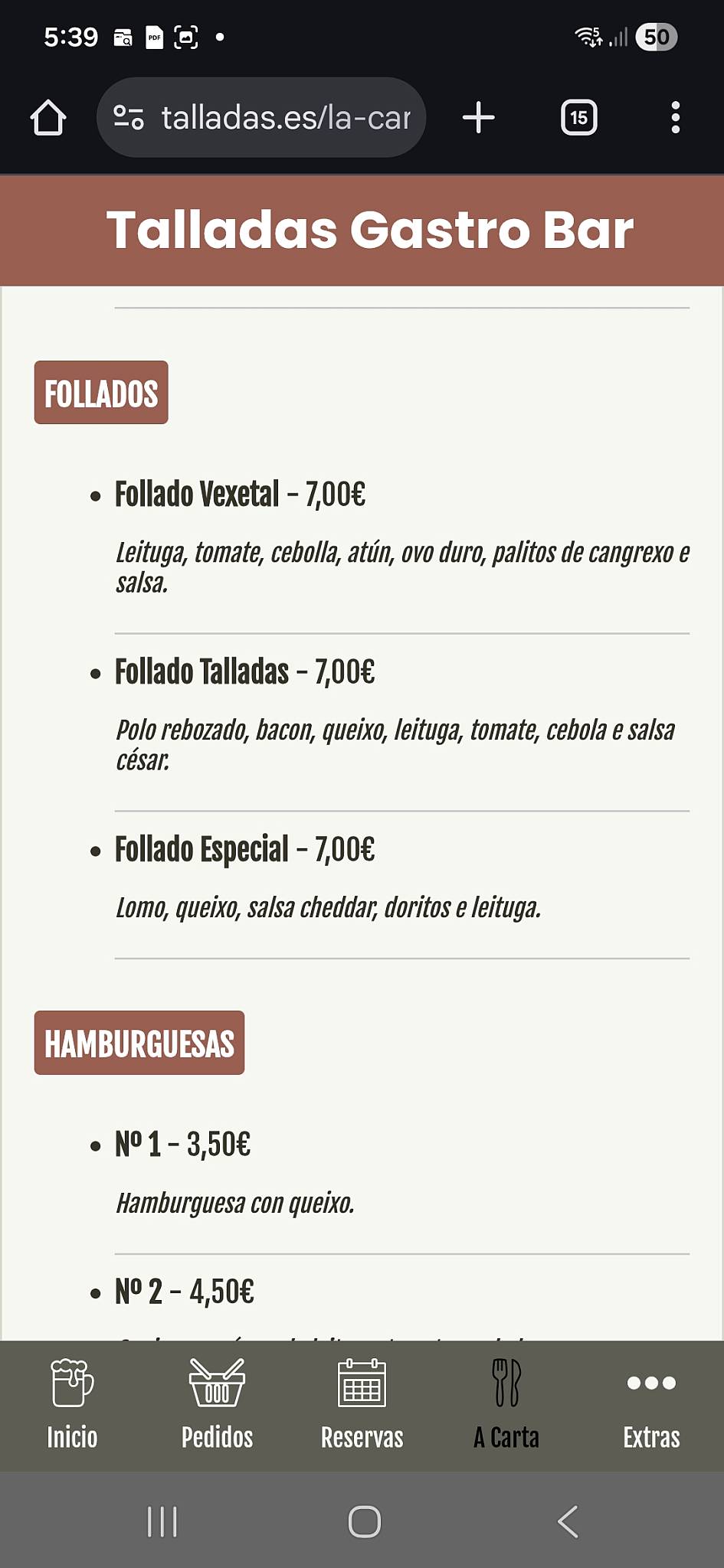 Cafetaría Talladas меню